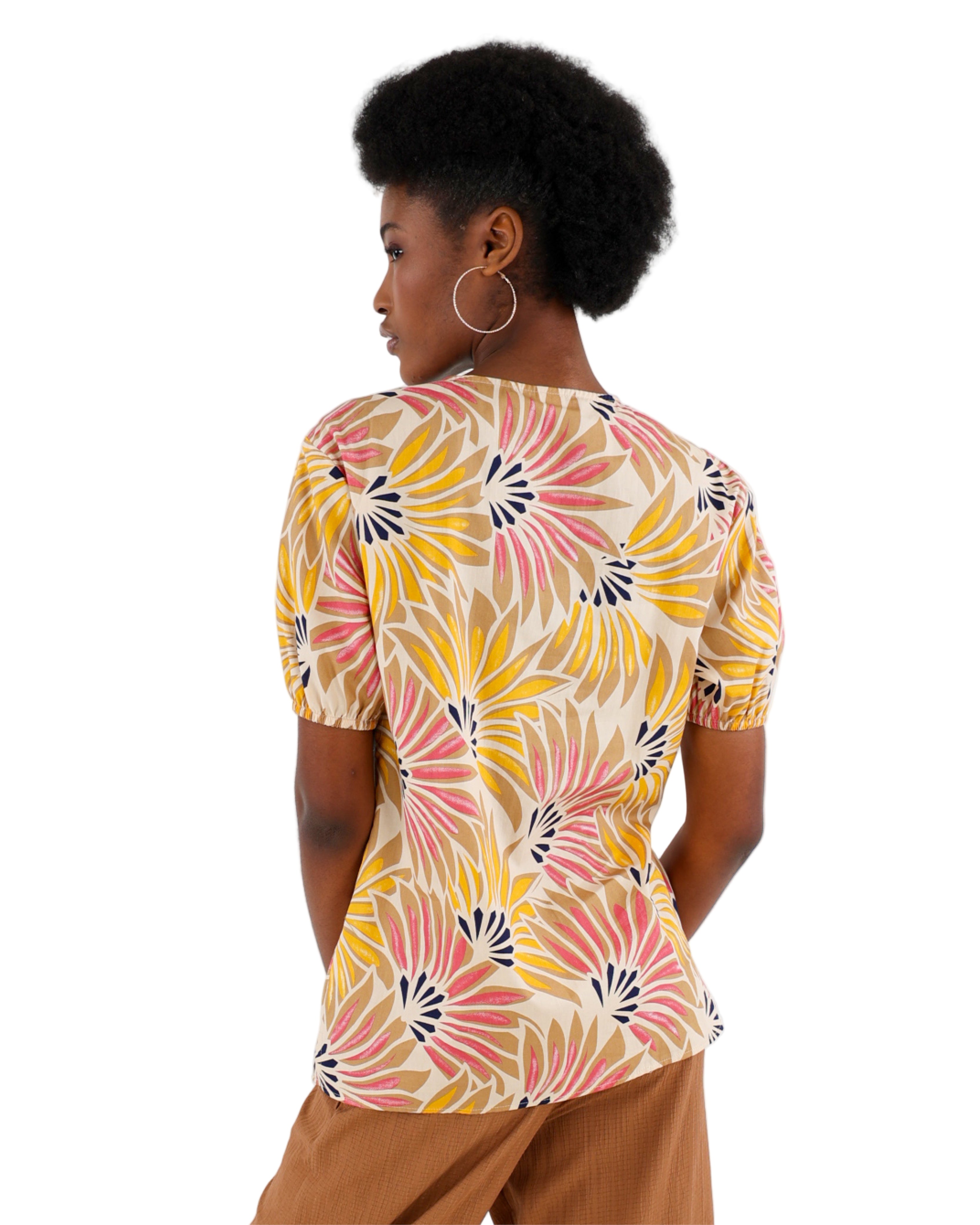 Yellow Short Puff Sleeve Fan Printed Cotton Blouse