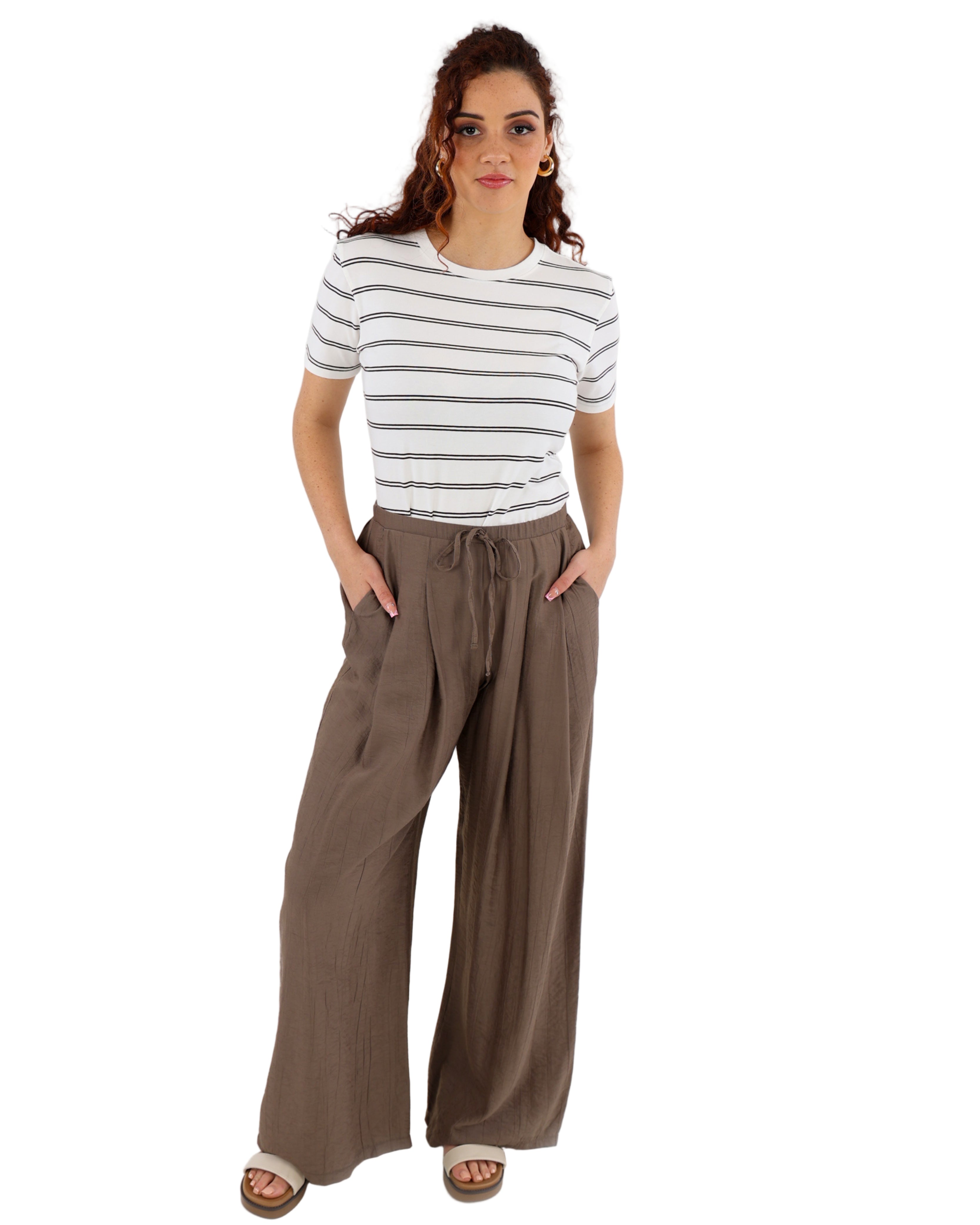 Taupe Relaxed Fit Wide Leg Pull On Pants