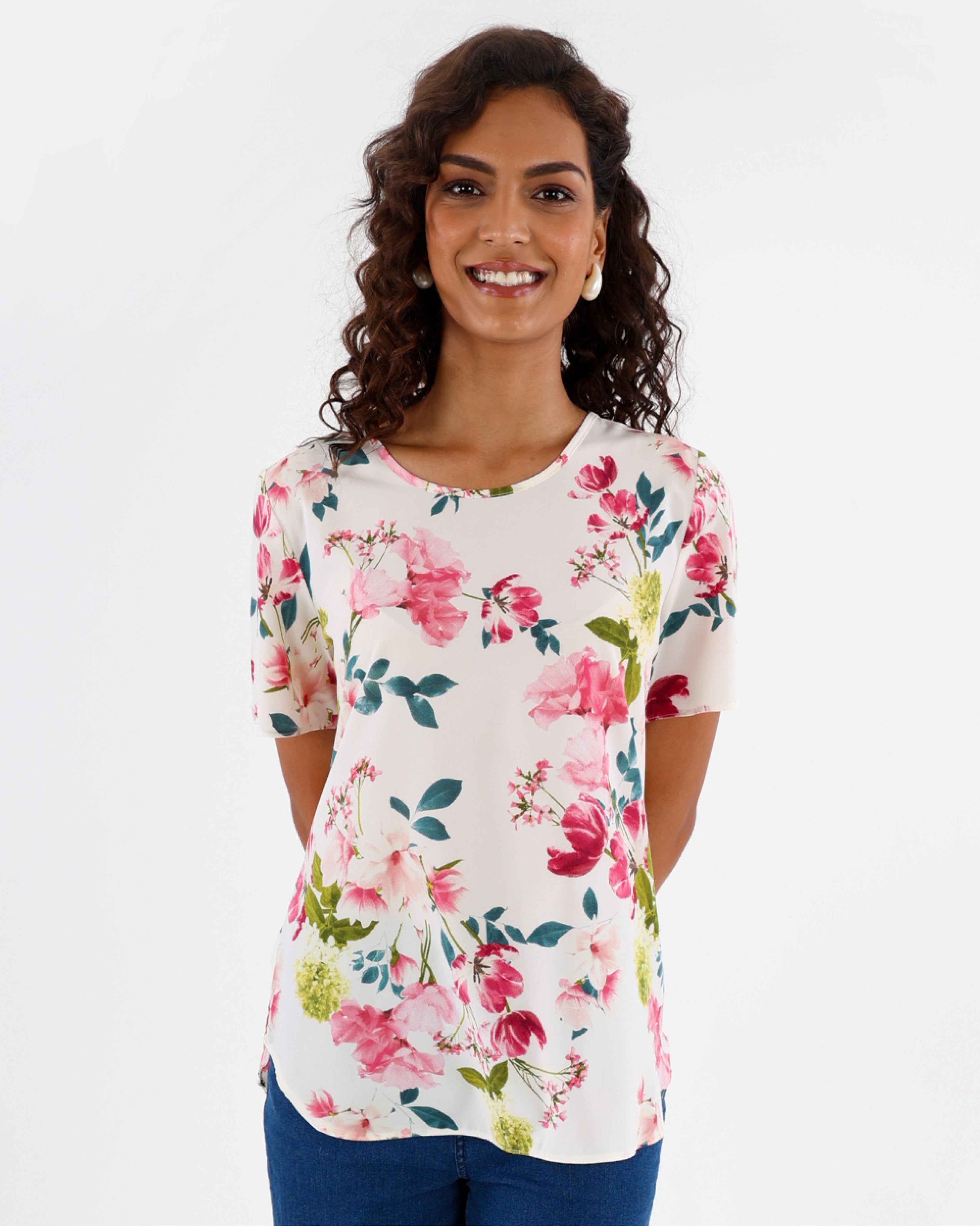 Short Sleeve Curved Hem Floral Print Blouse