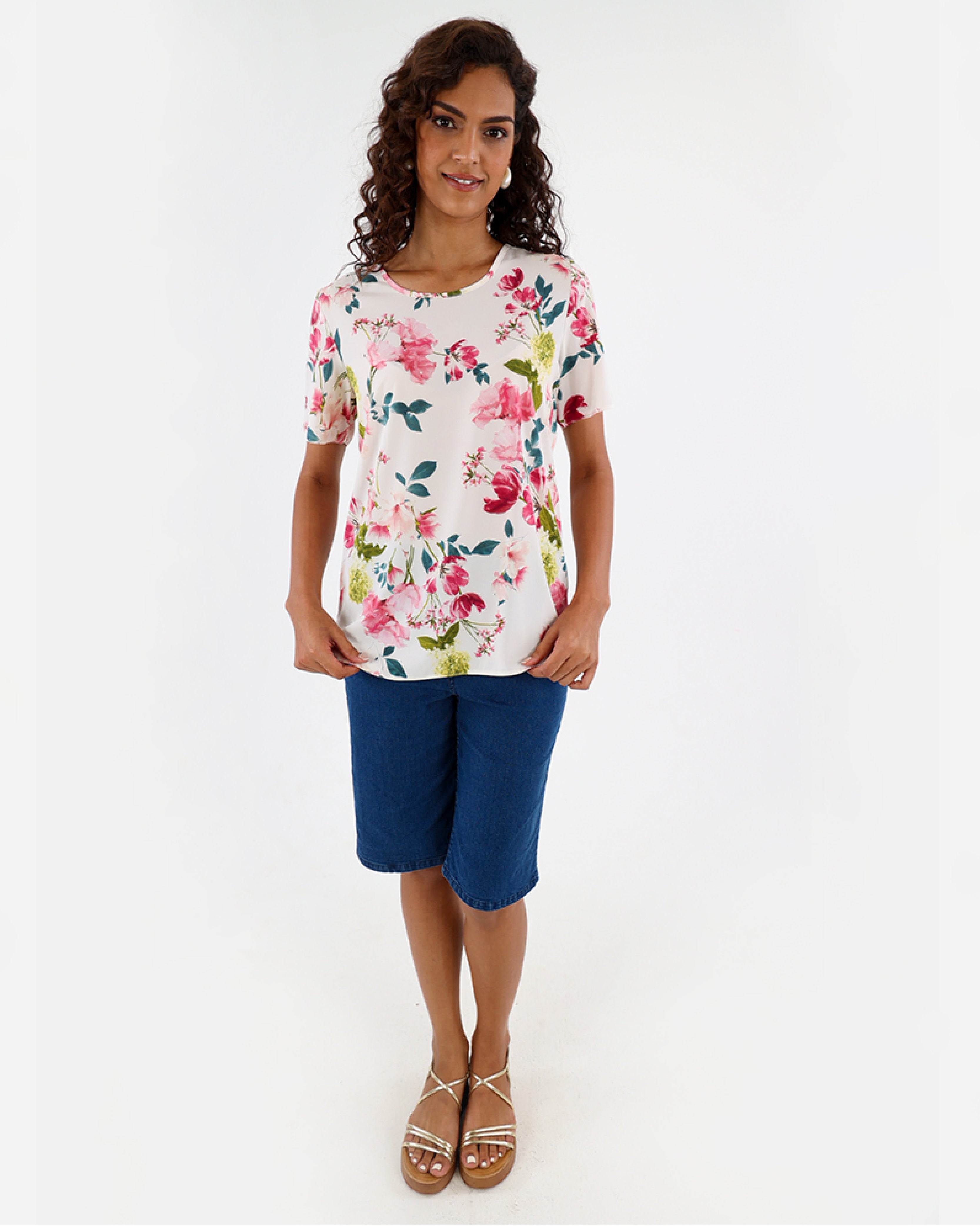 Short Sleeve Curved Hem Floral Print Blouse