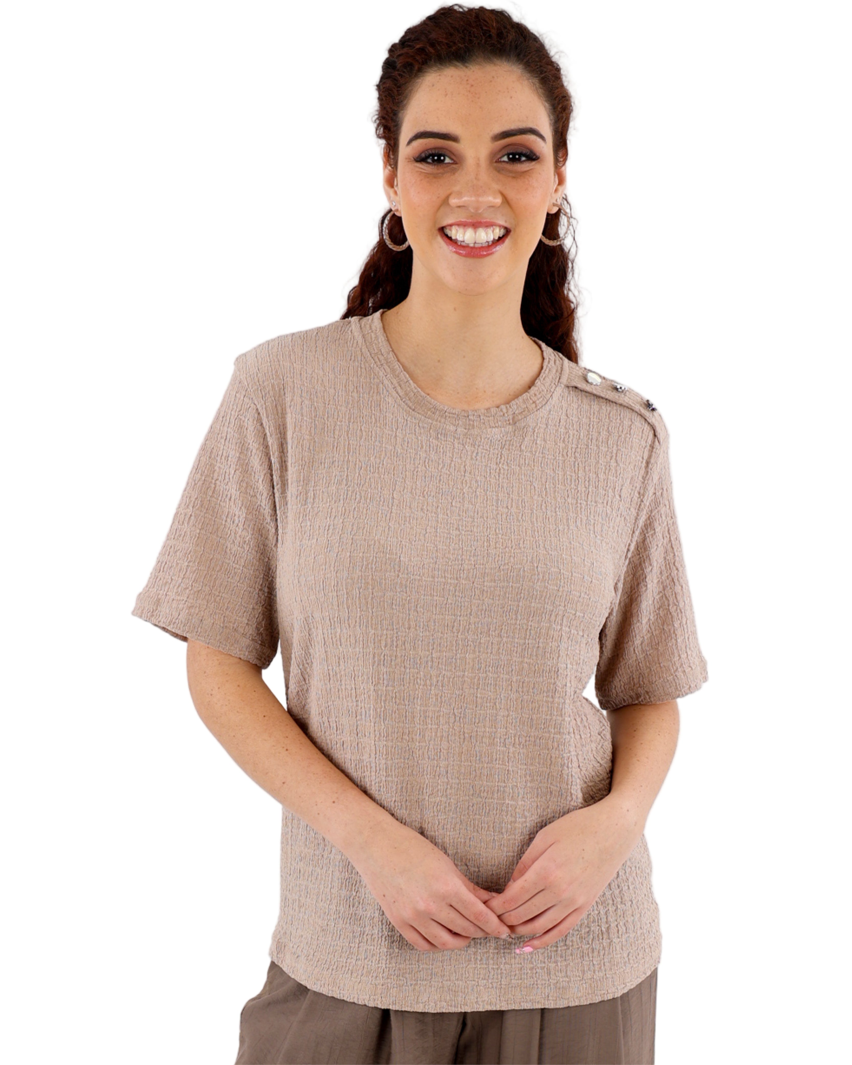 Stone Shoulder Button Bubble Top