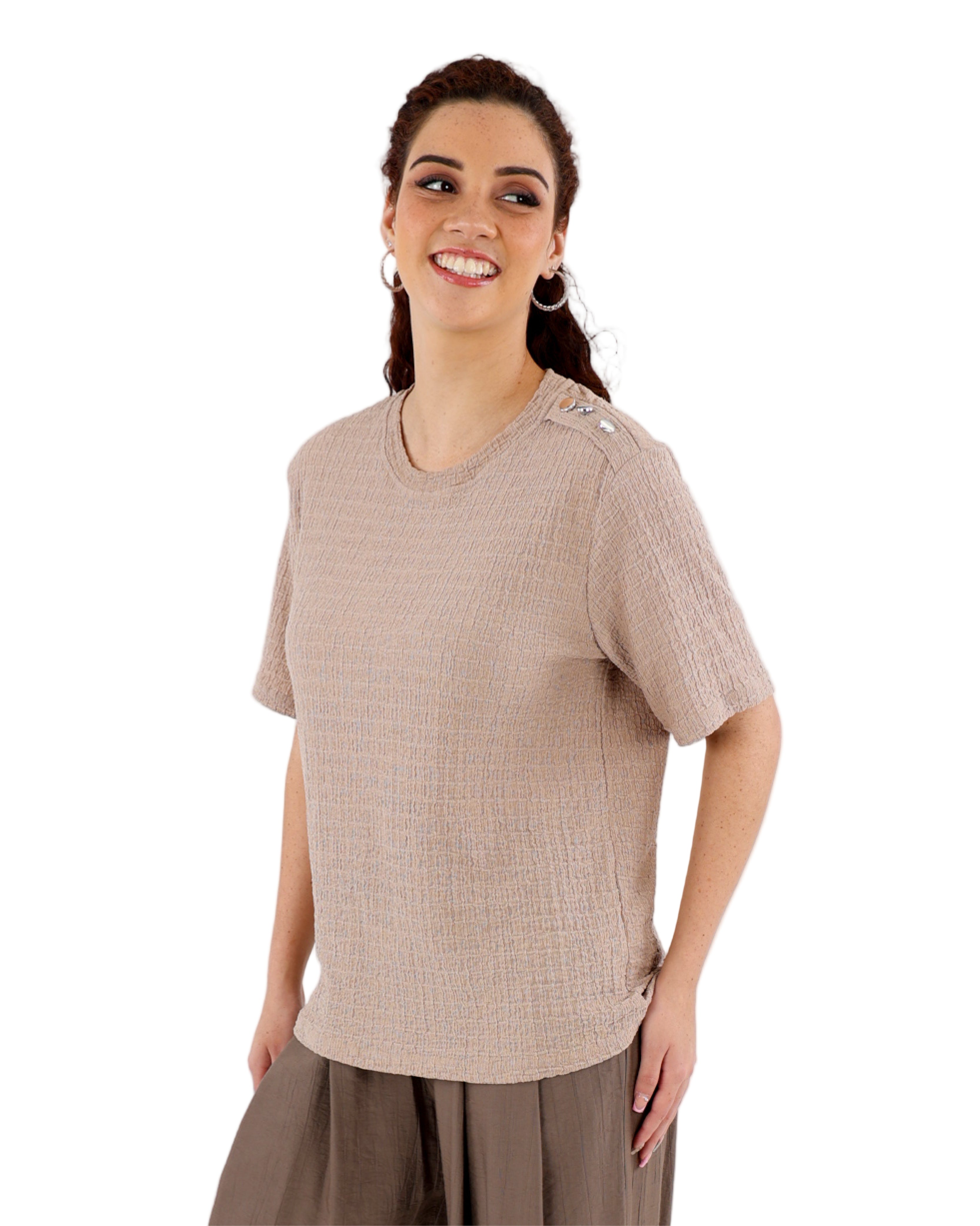 Stone Shoulder Button Bubble Top