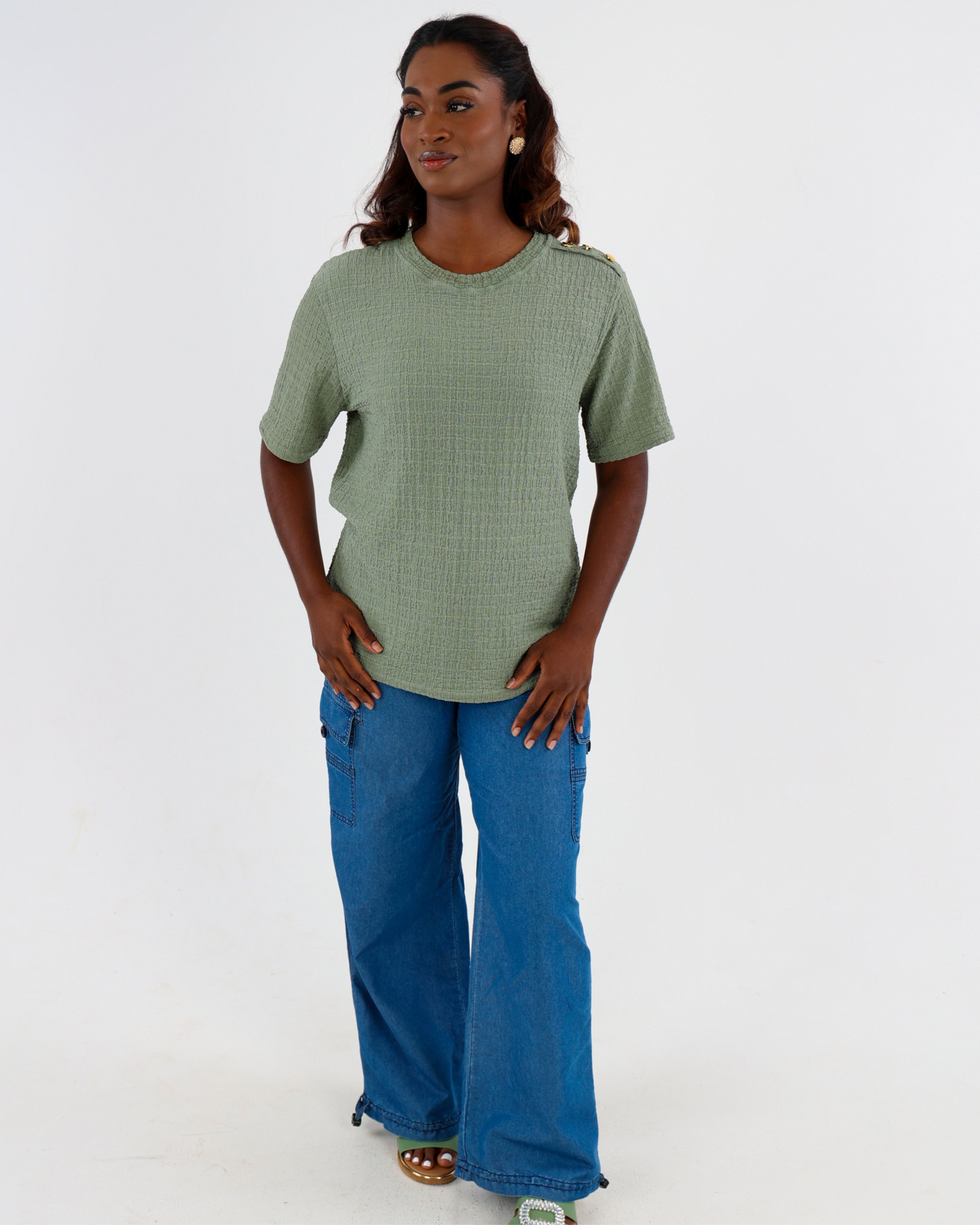 Sage Shoulder Button Bubble Top