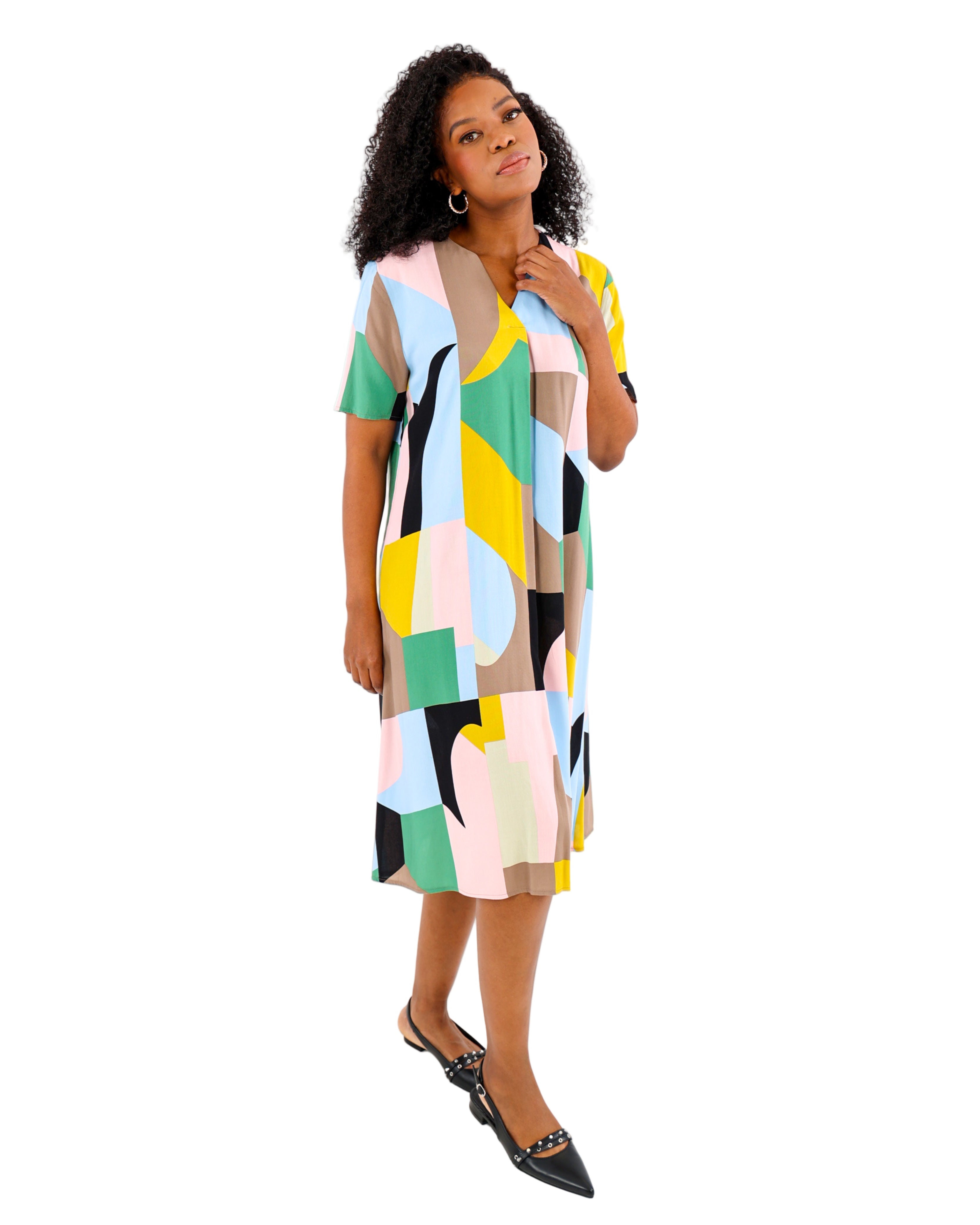 Short Sleeve Geometric Print Shift Dress