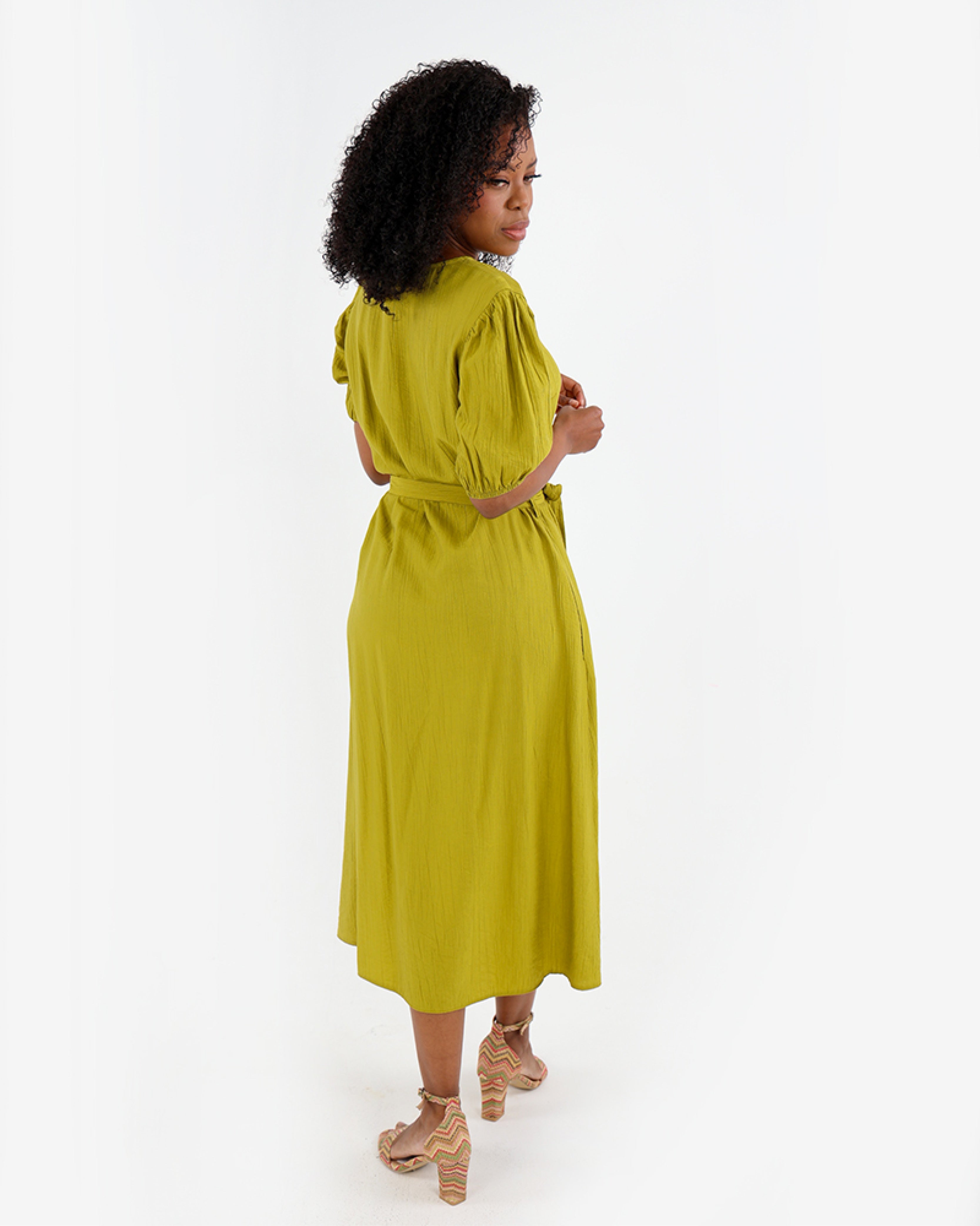 Green Short Puff Sleeve Midi Dress with Belt
