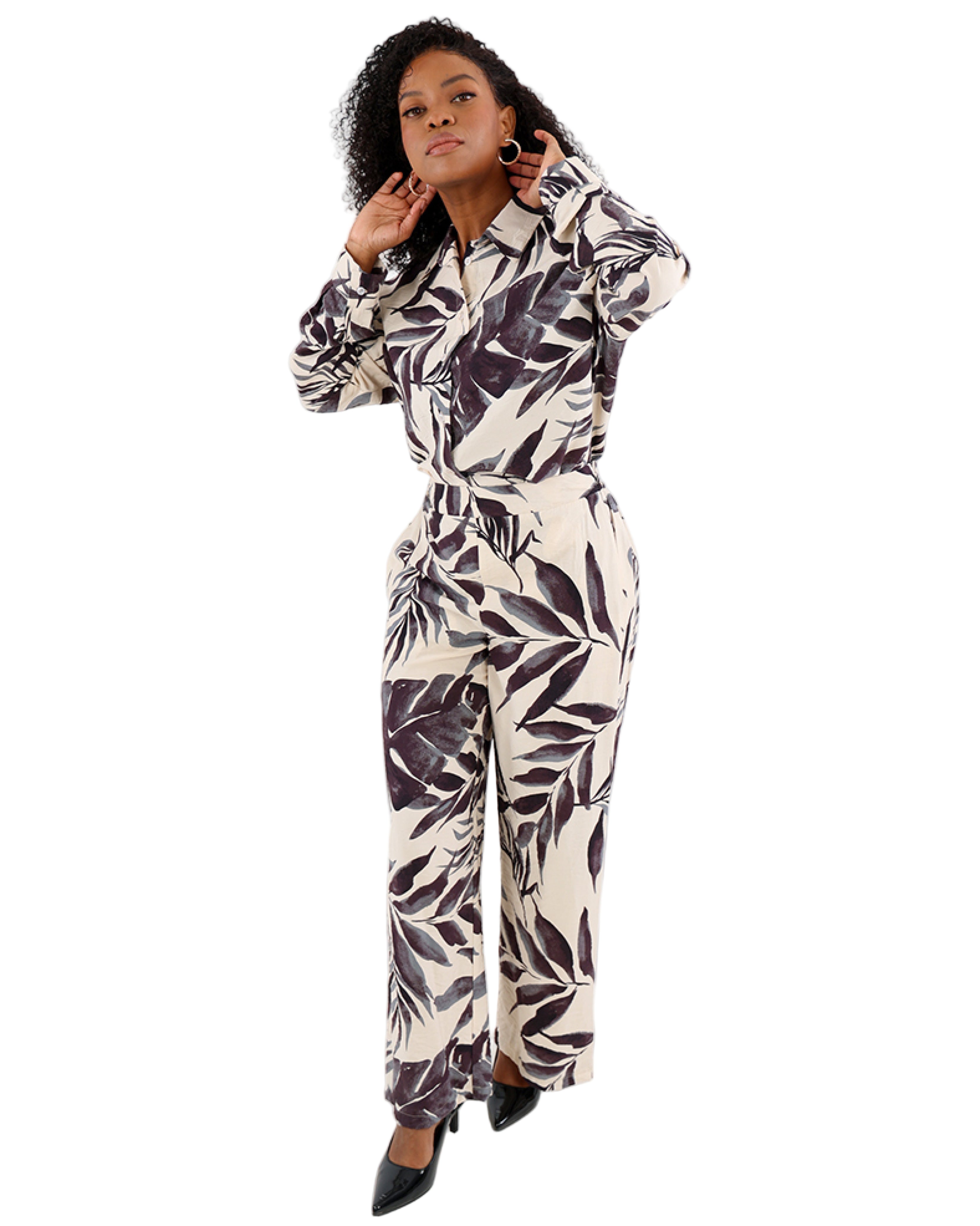 Leaf Print Wide Leg Pants