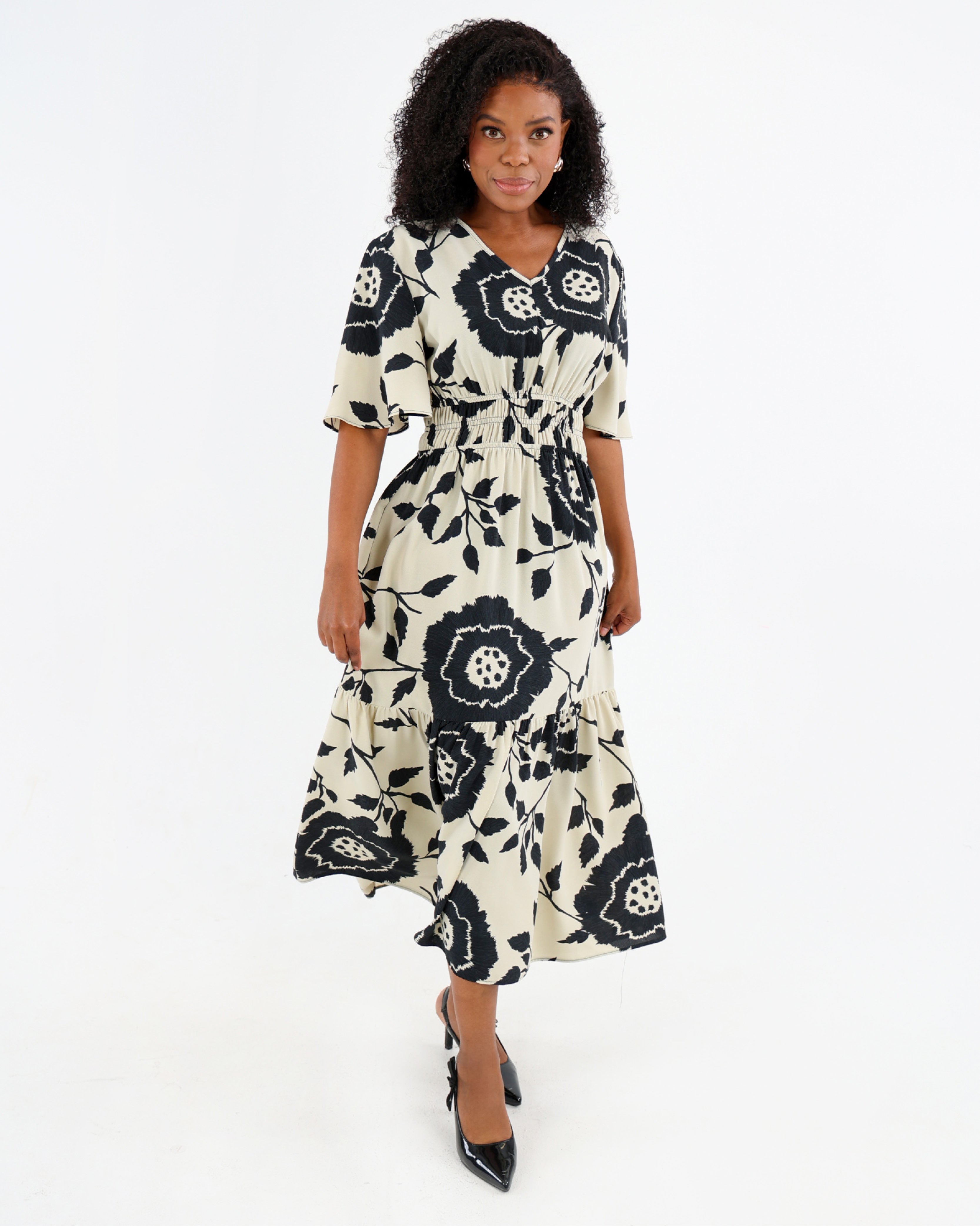 Short Sleeve Floral Print Tiered Midi Dress