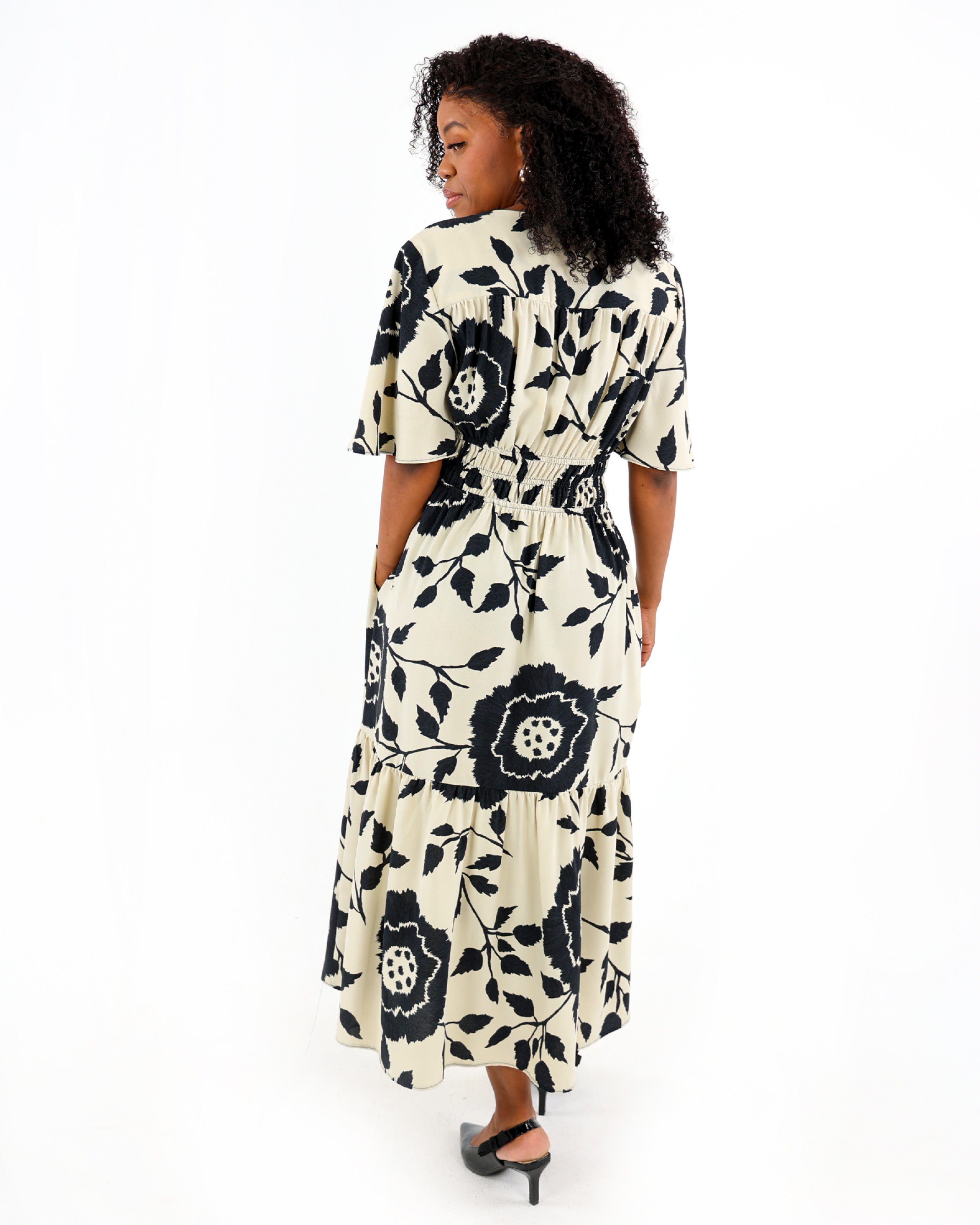 Short Sleeve Floral Print Tiered Midi Dress