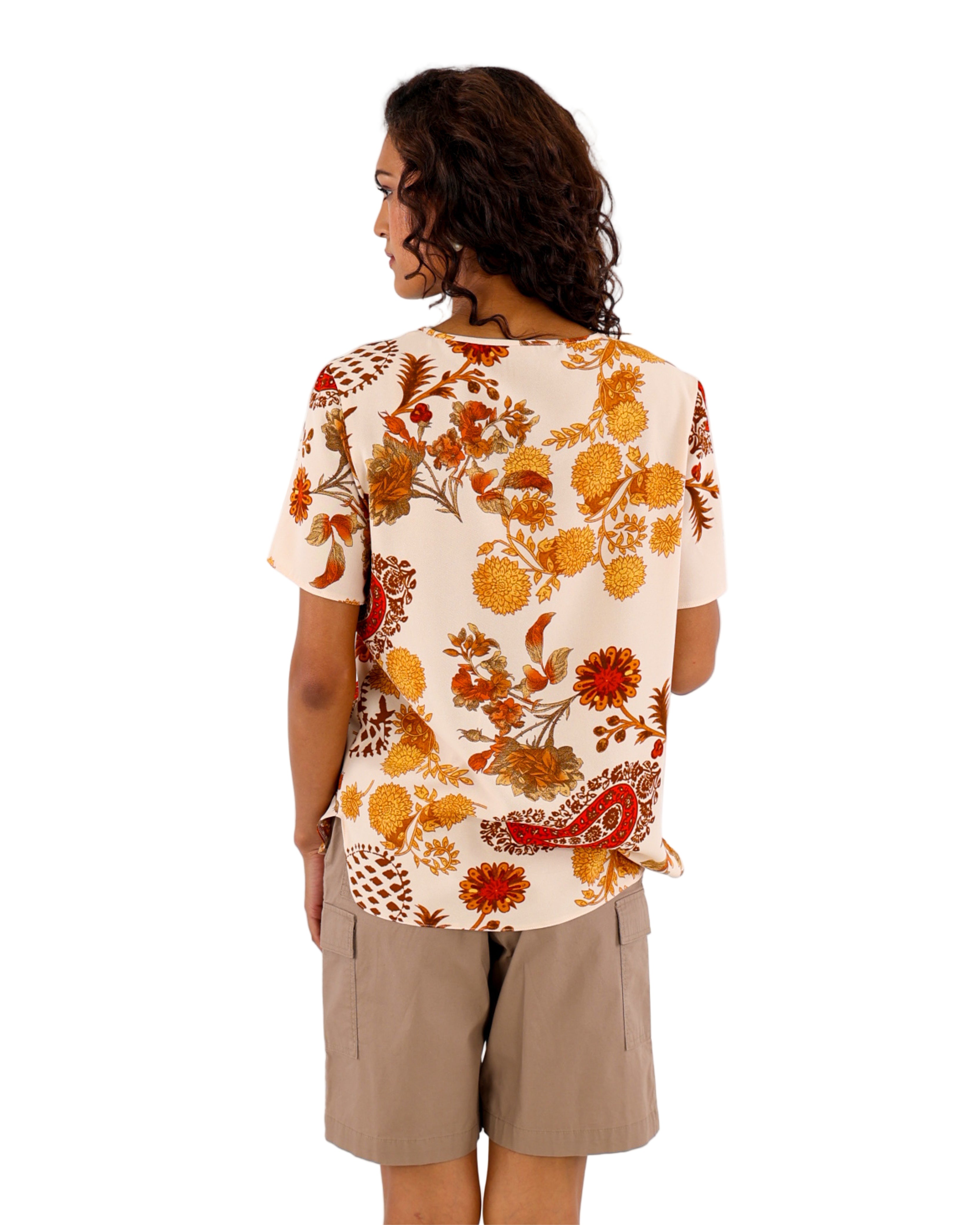 Short Sleeve Curved Hem Autumn Print Blouse