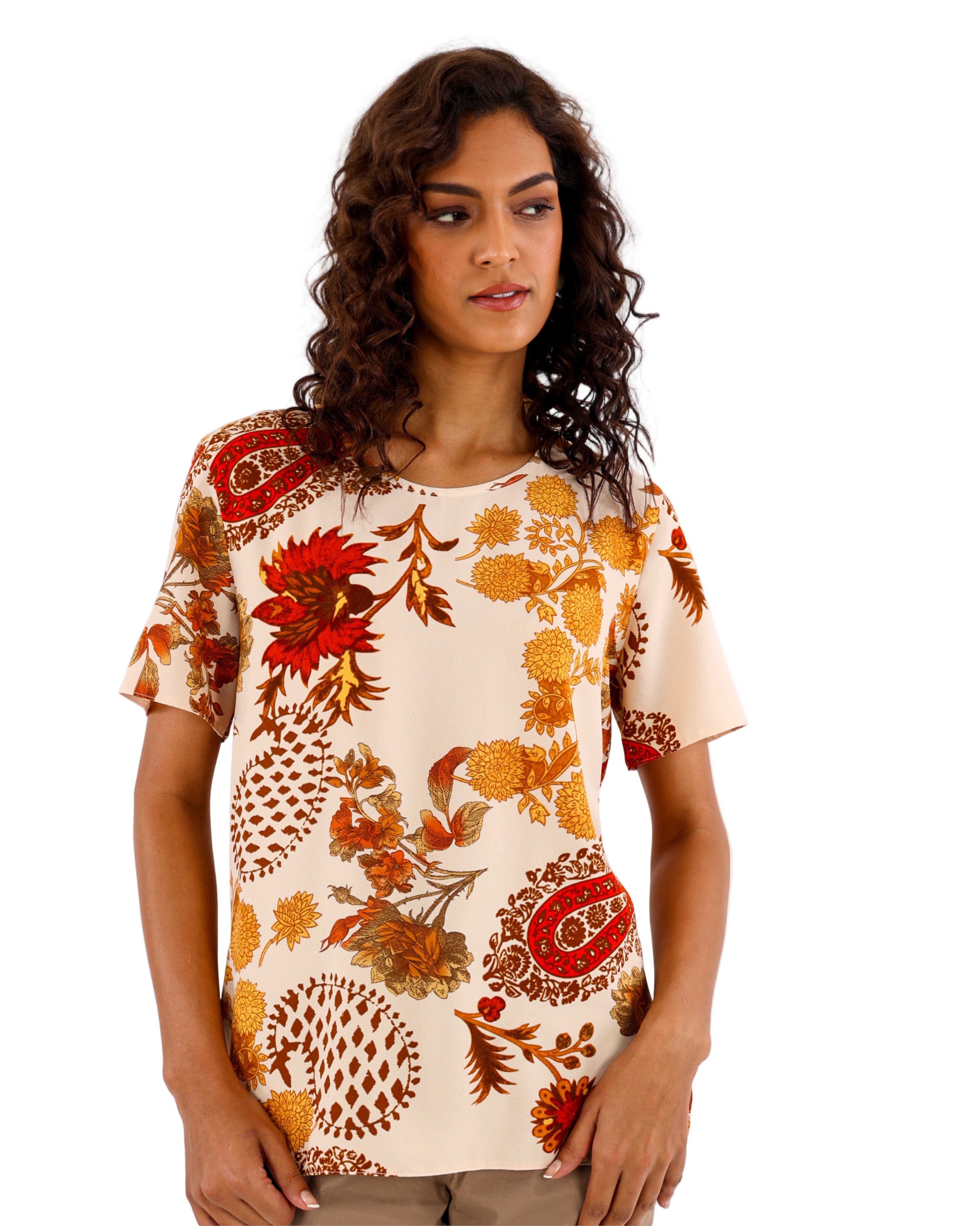 Short Sleeve Curved Hem Autumn Print Blouse