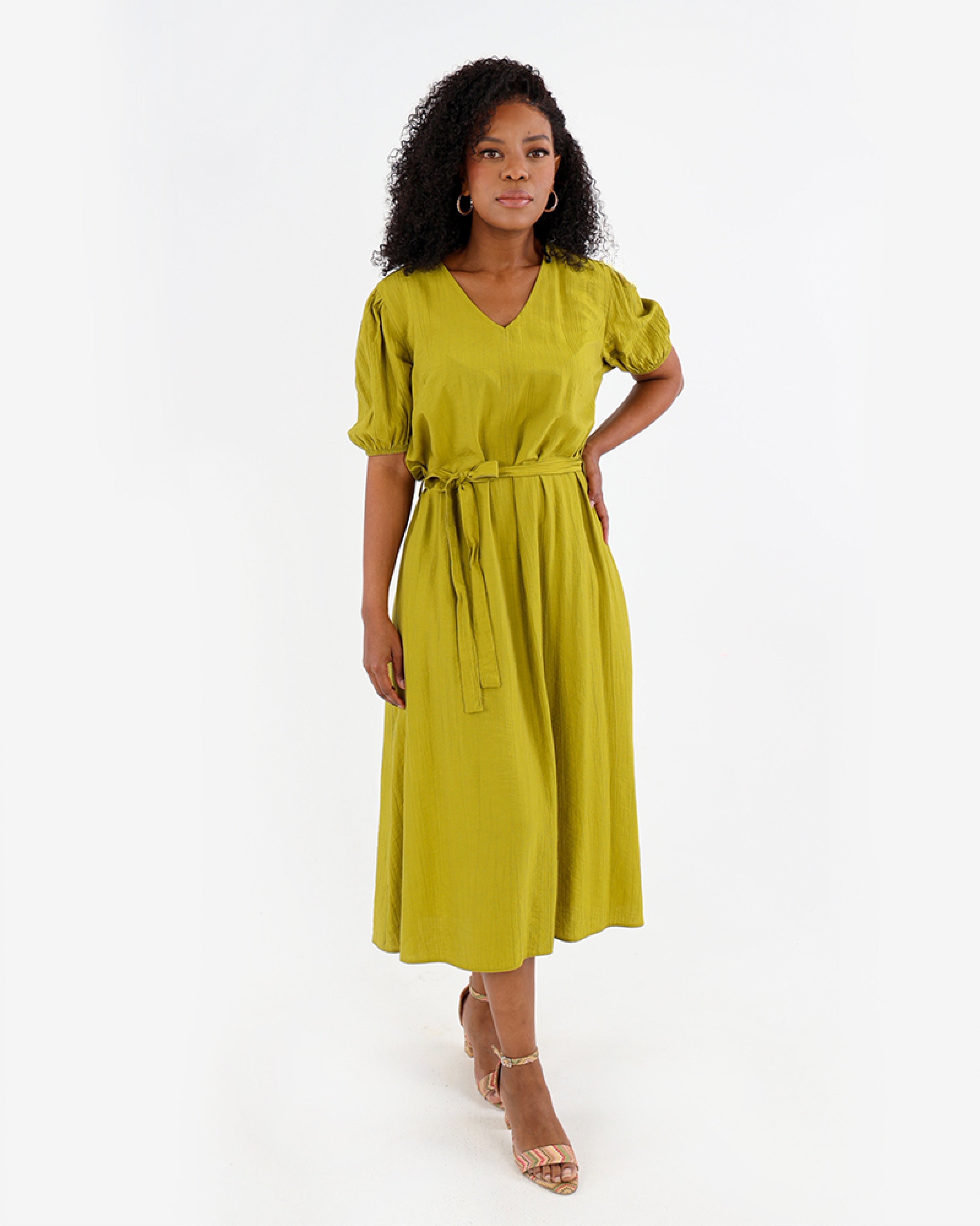 Green Short Puff Sleeve Midi Dress with Belt