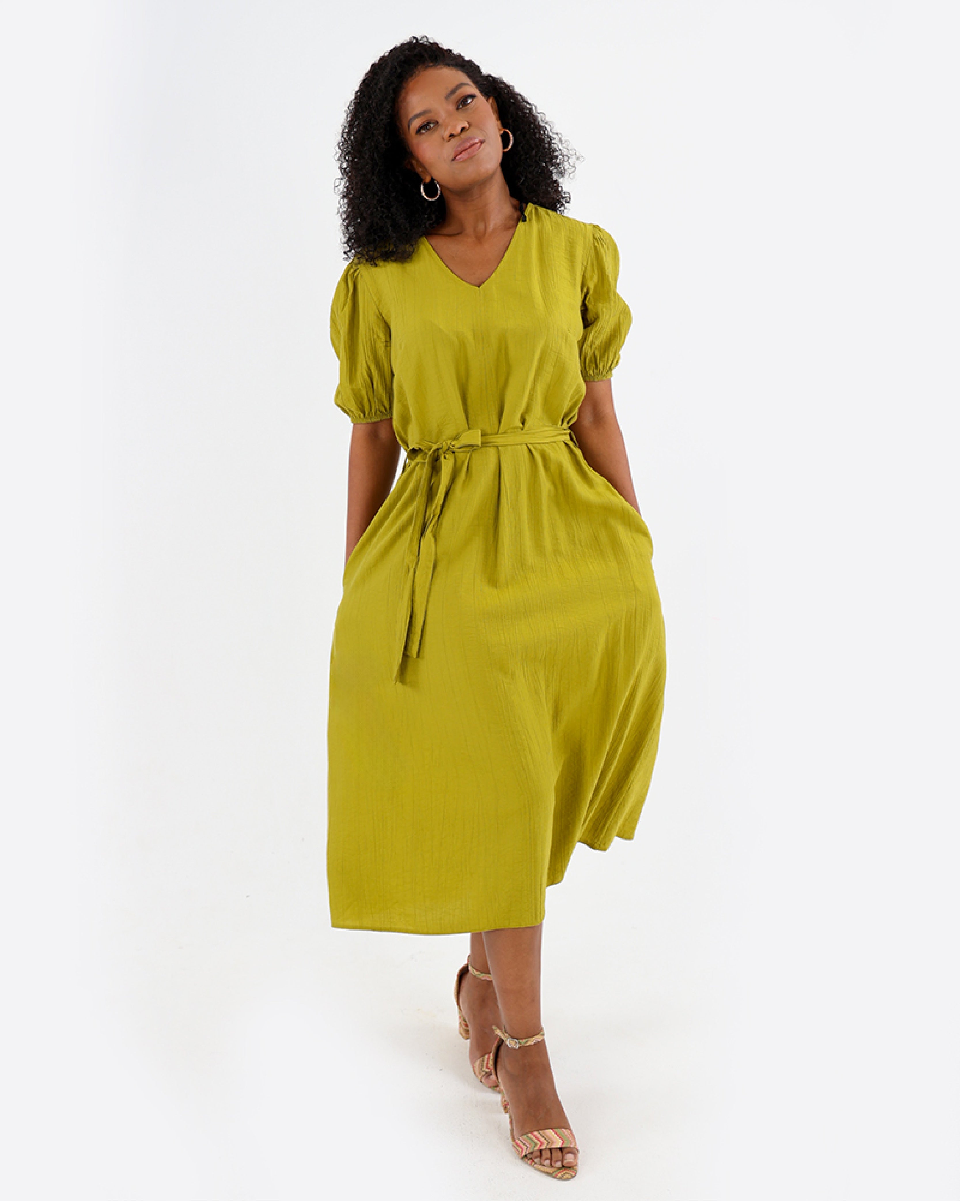 Green Short Puff Sleeve Midi Dress with Belt
