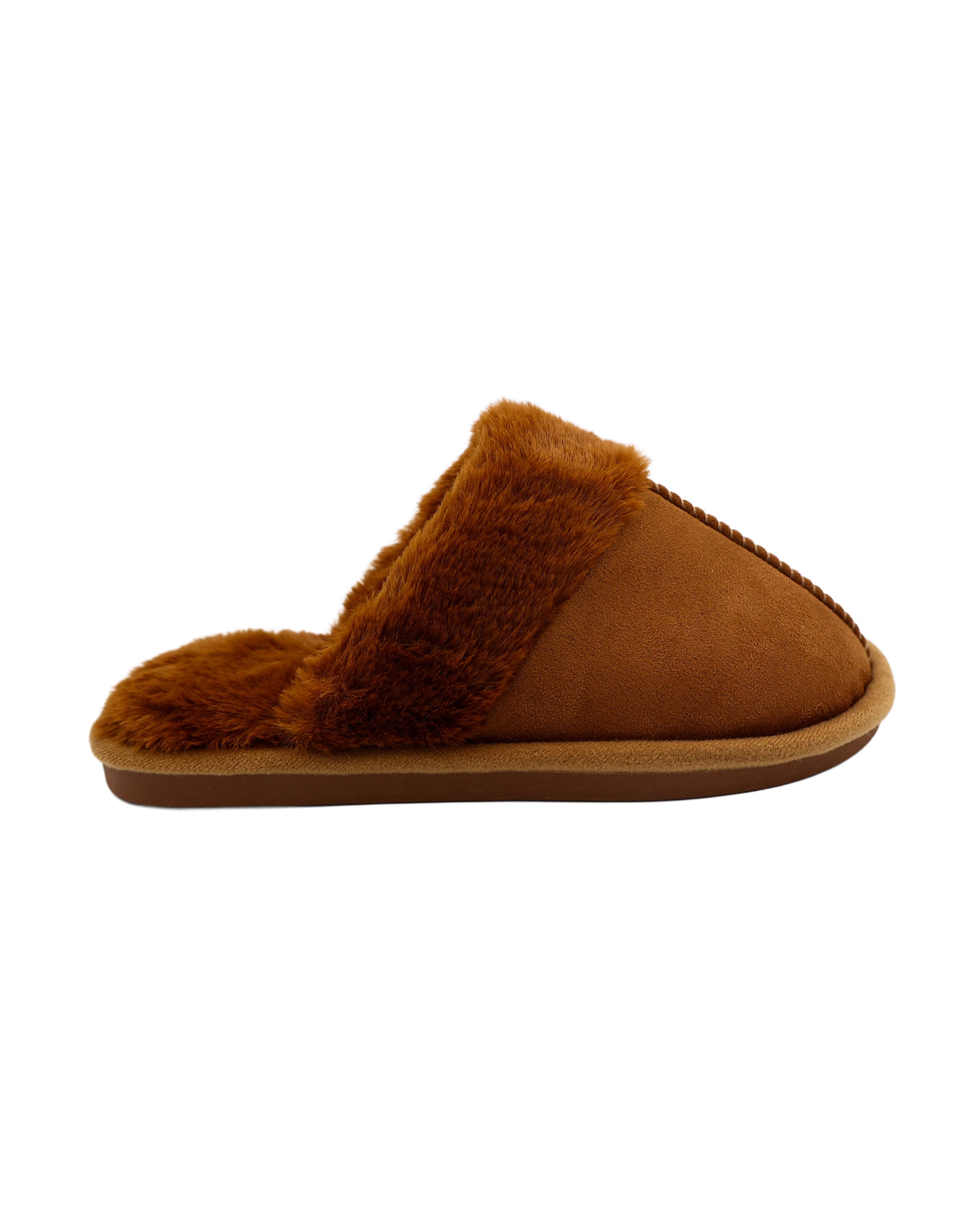 Tan Fur Collar Suede Look Slip-On Slippers