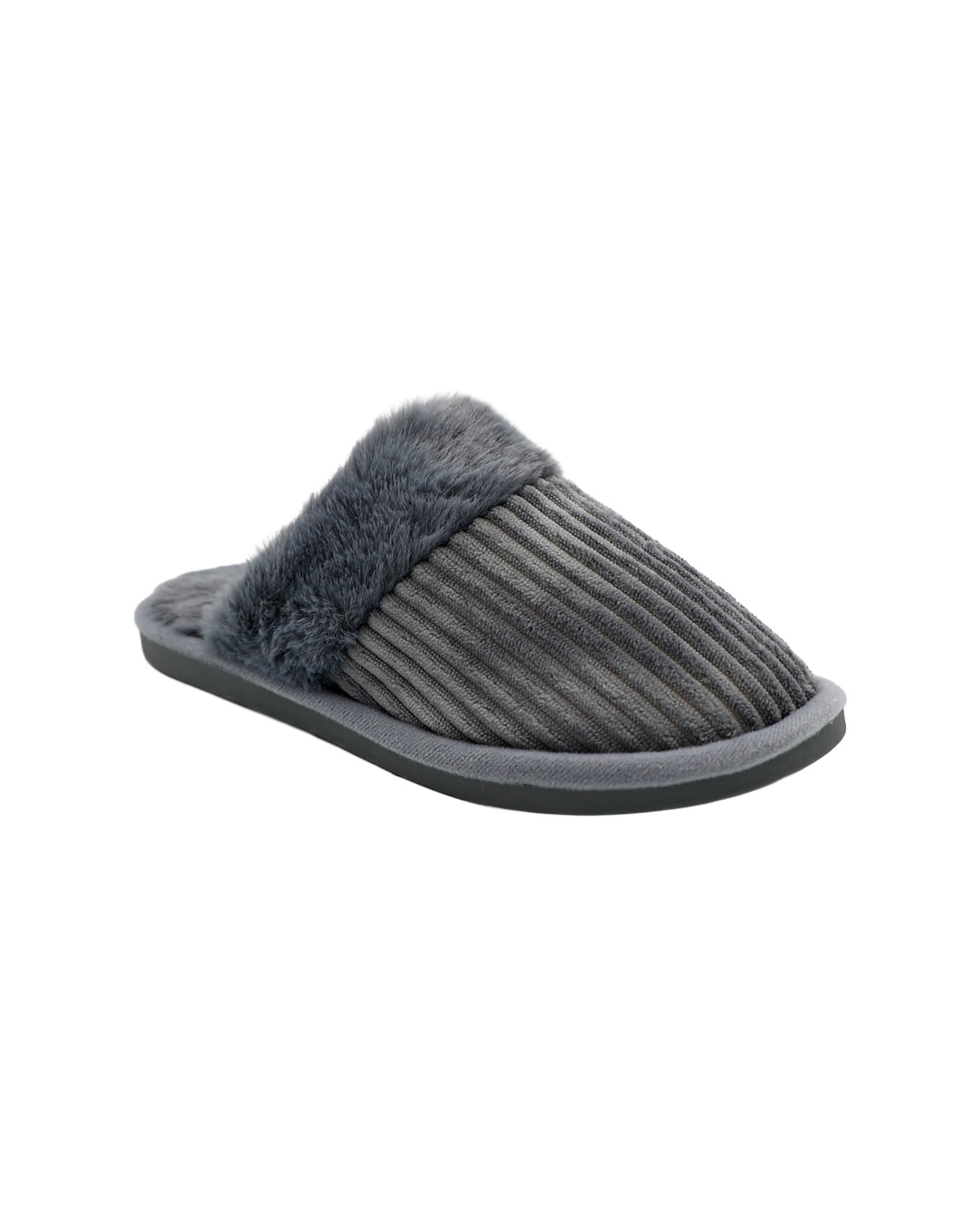 Blue Fur Collar Ribbed Slipper