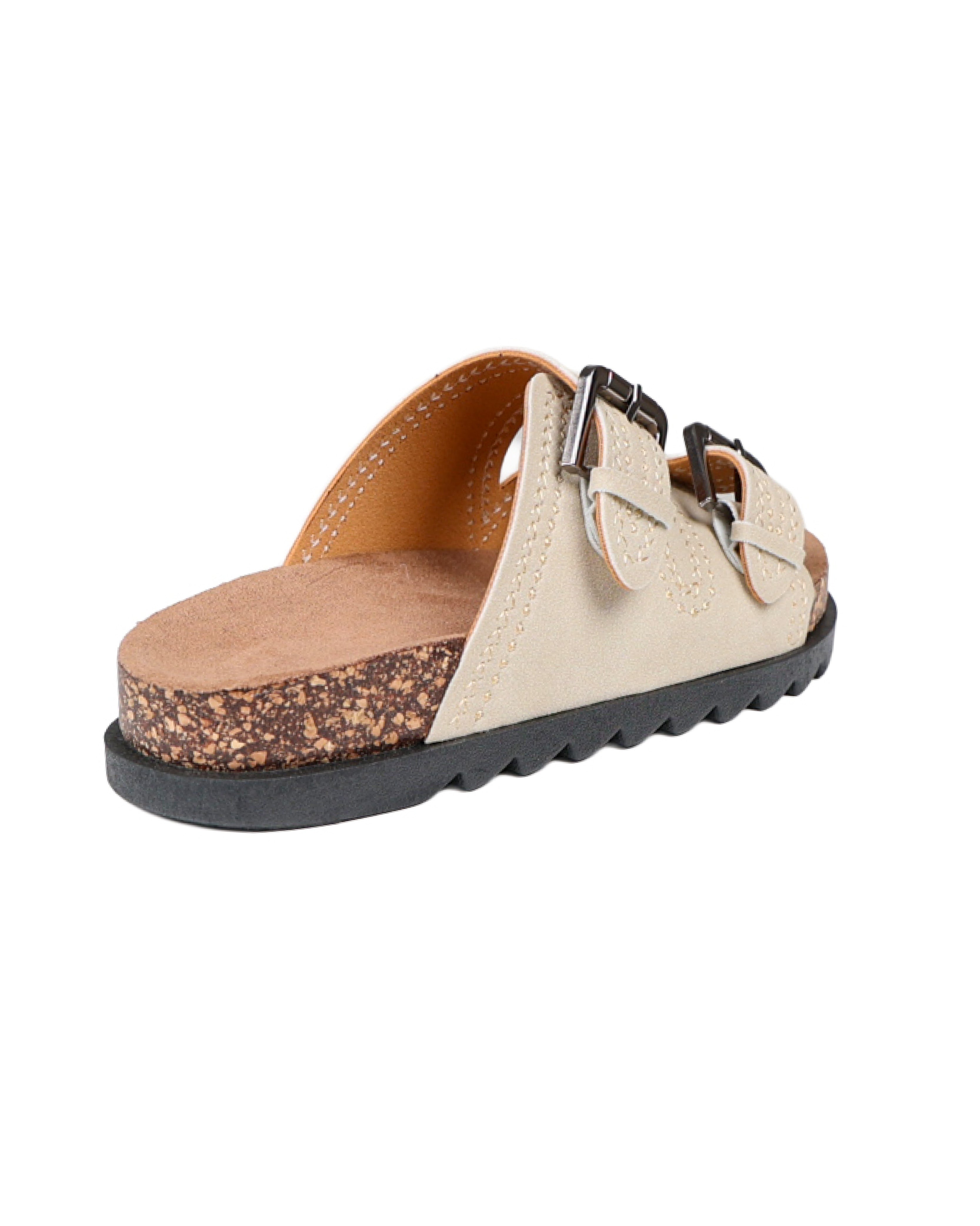 Stone Double Buckle Stitch Detail Slip-on Sandal