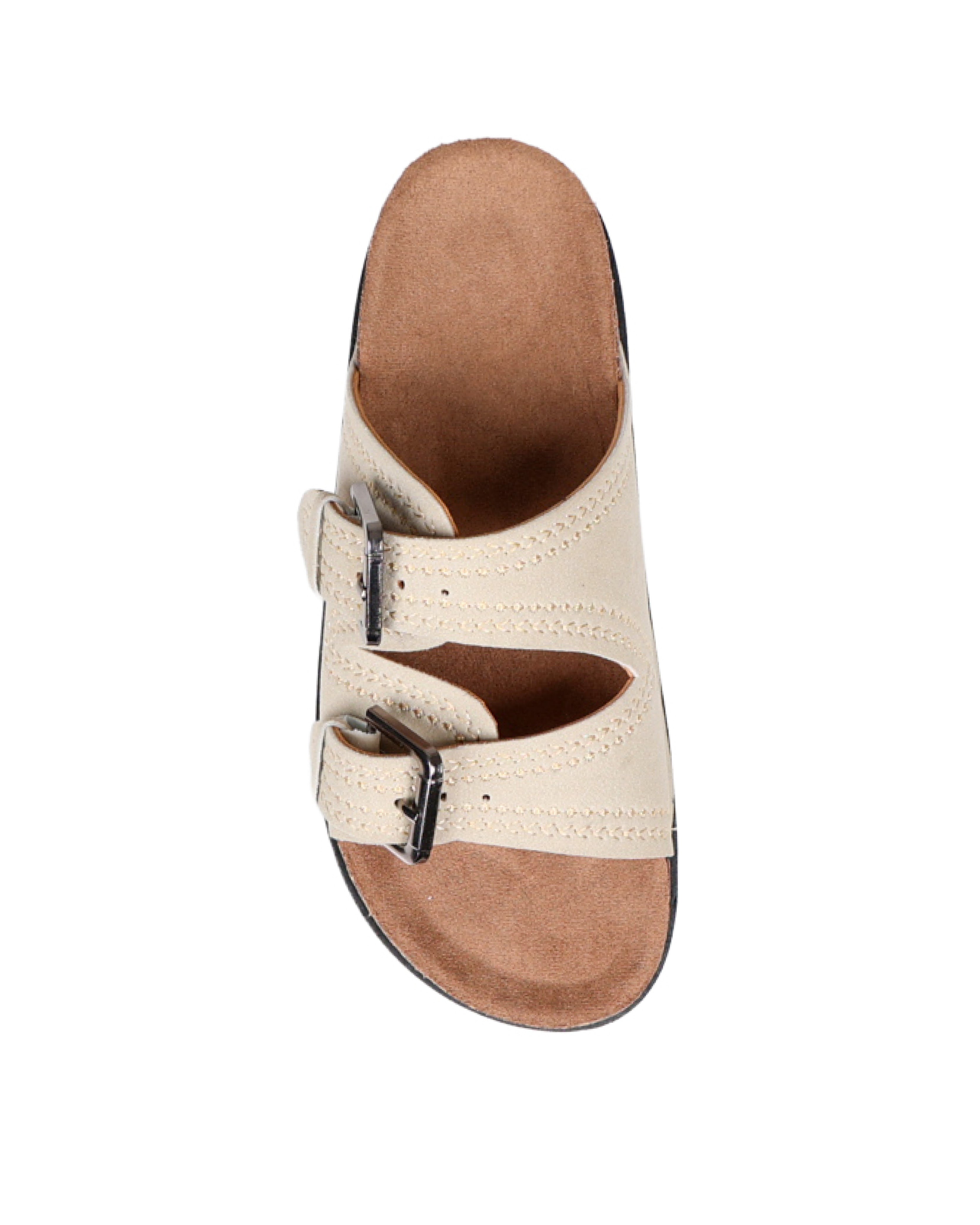 Stone Double Buckle Stitch Detail Slip-on Sandal