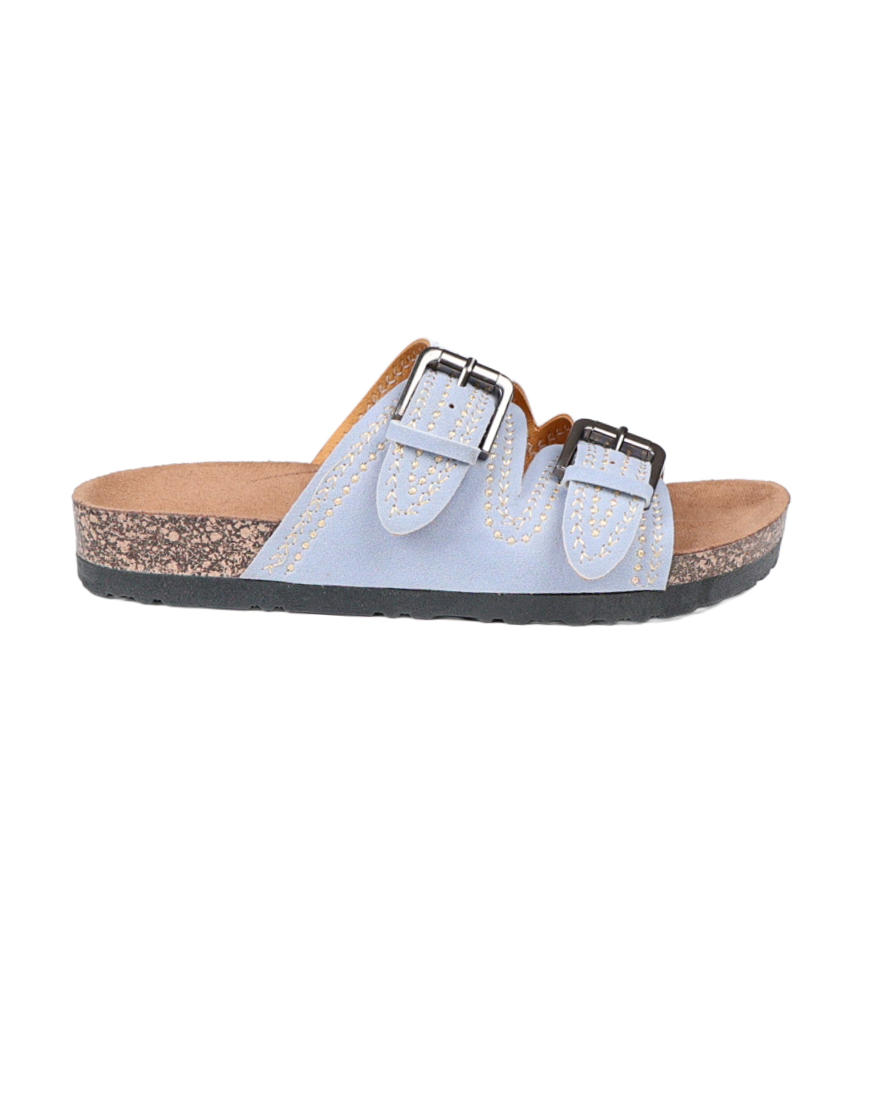 Blue Double Buckle Stitch Detail Slip-on Sandal
