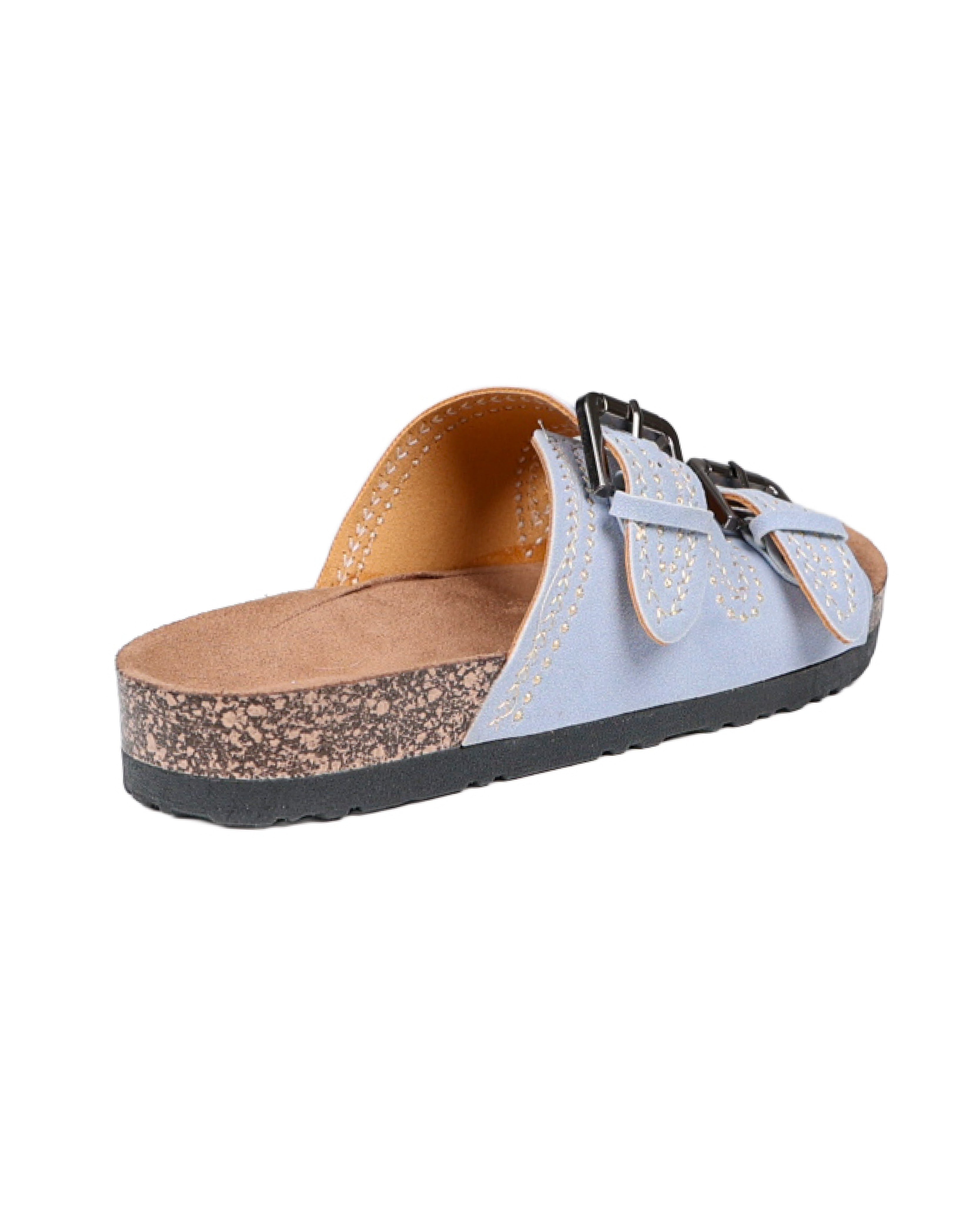Blue Double Buckle Stitch Detail Slip-on Sandal