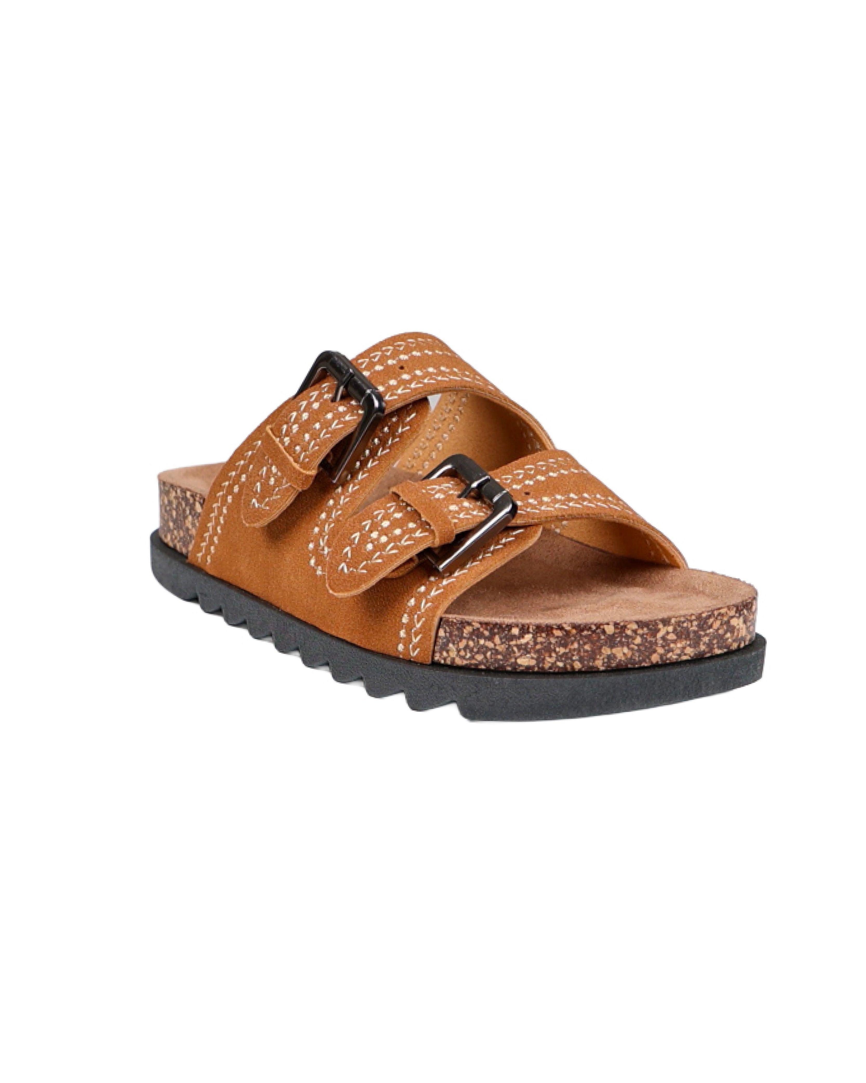 Tan Double Buckle Stitch Detail Slip-on Sandal