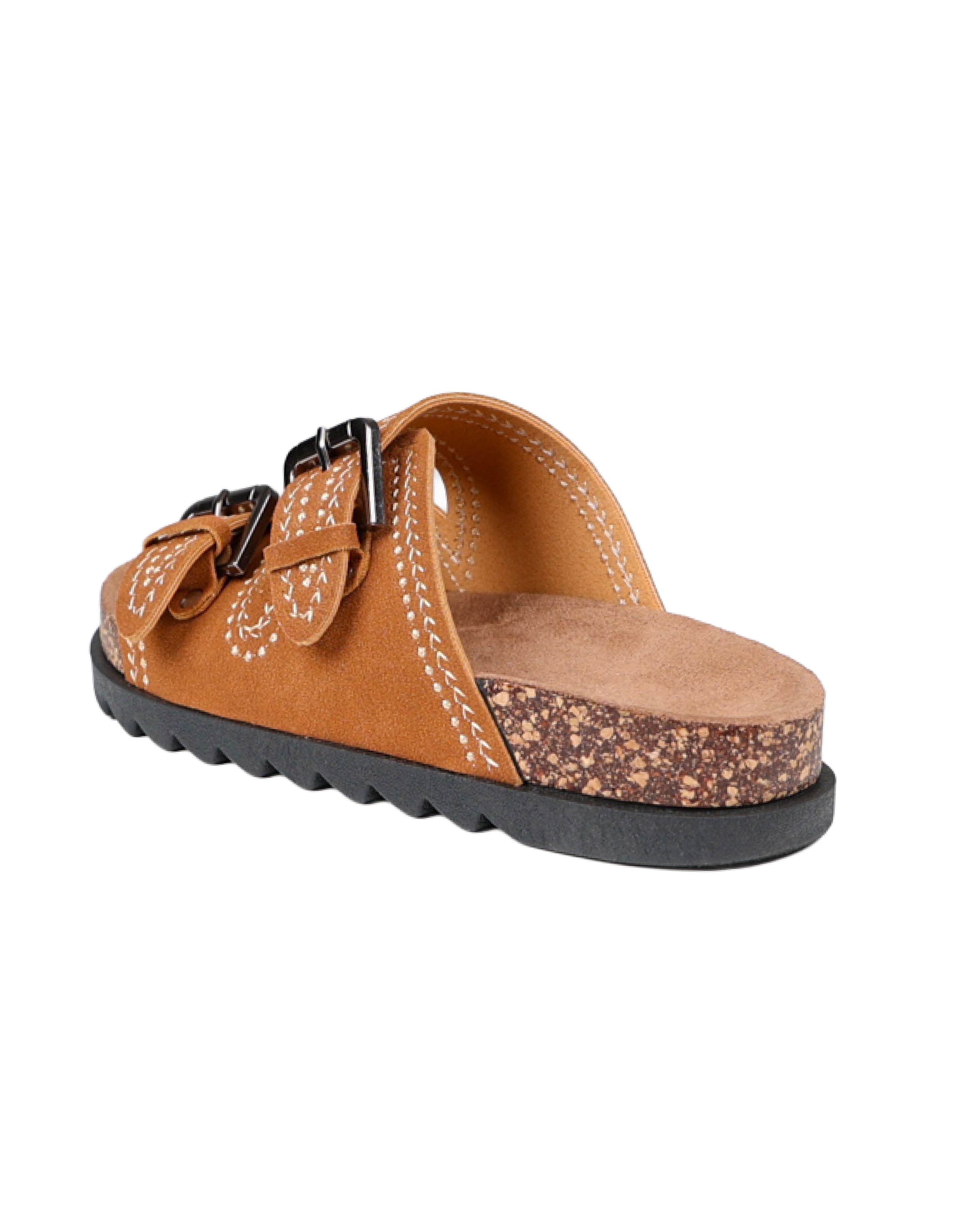 Tan Double Buckle Stitch Detail Slip-on Sandal