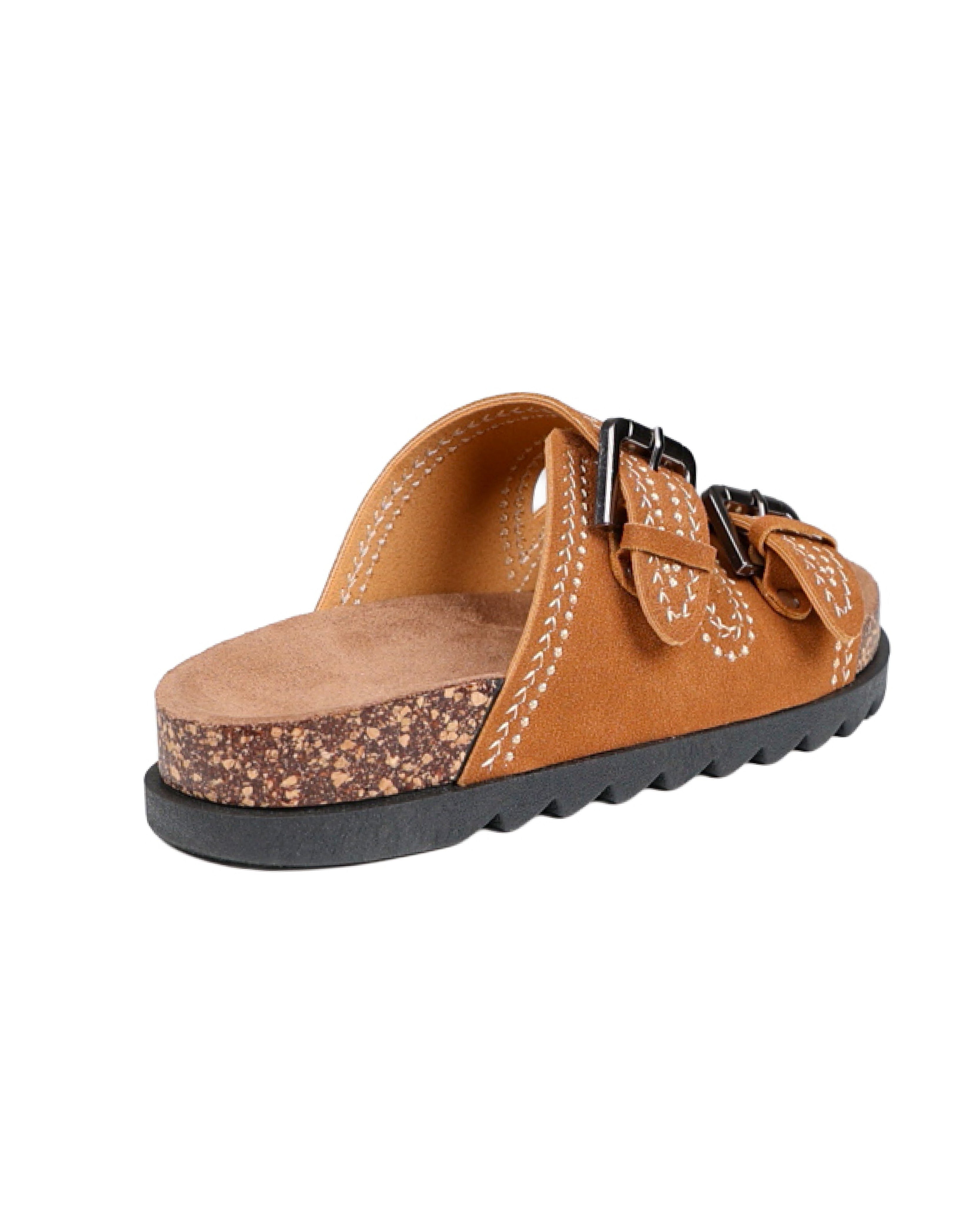 Tan Double Buckle Stitch Detail Slip-on Sandal