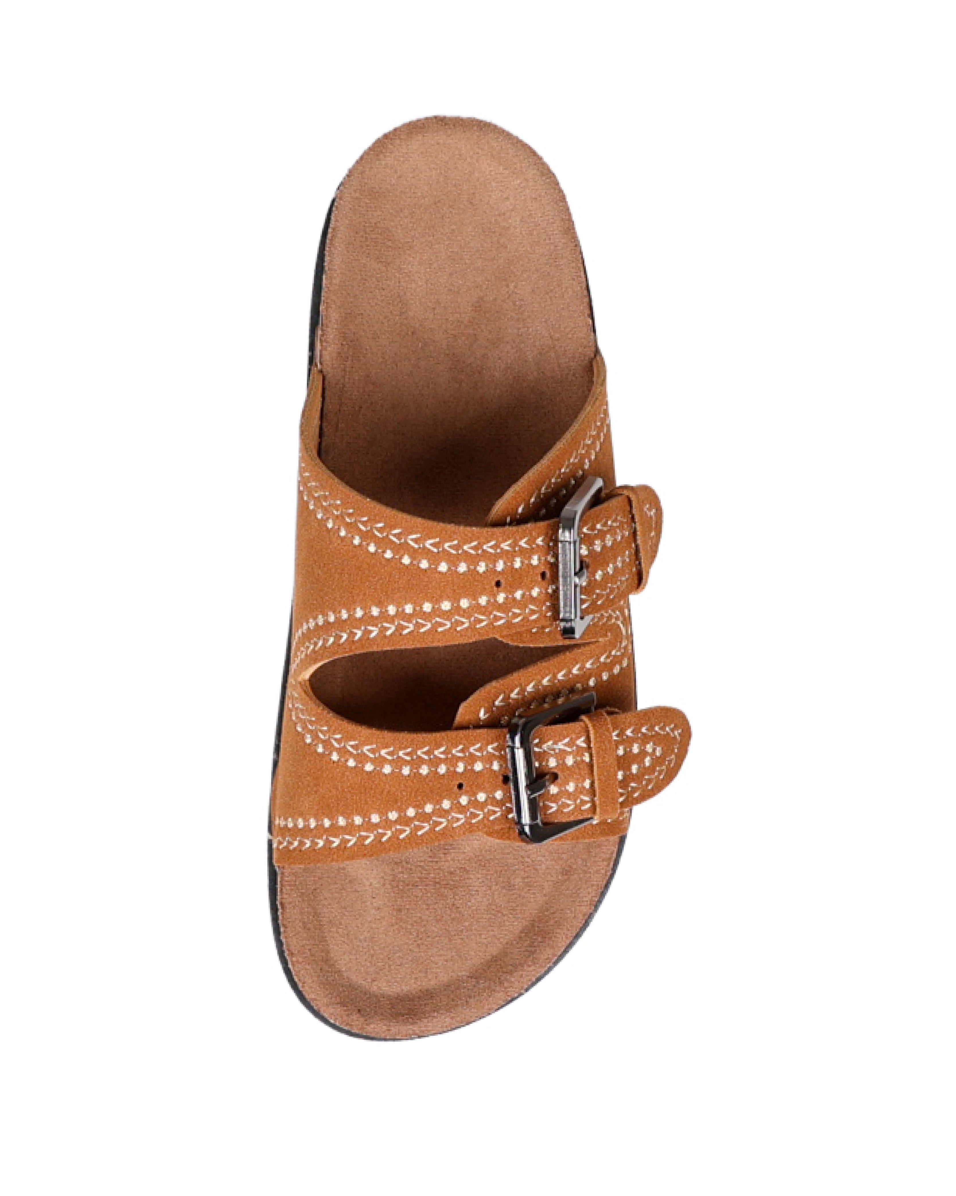 Tan Double Buckle Stitch Detail Slip-on Sandal