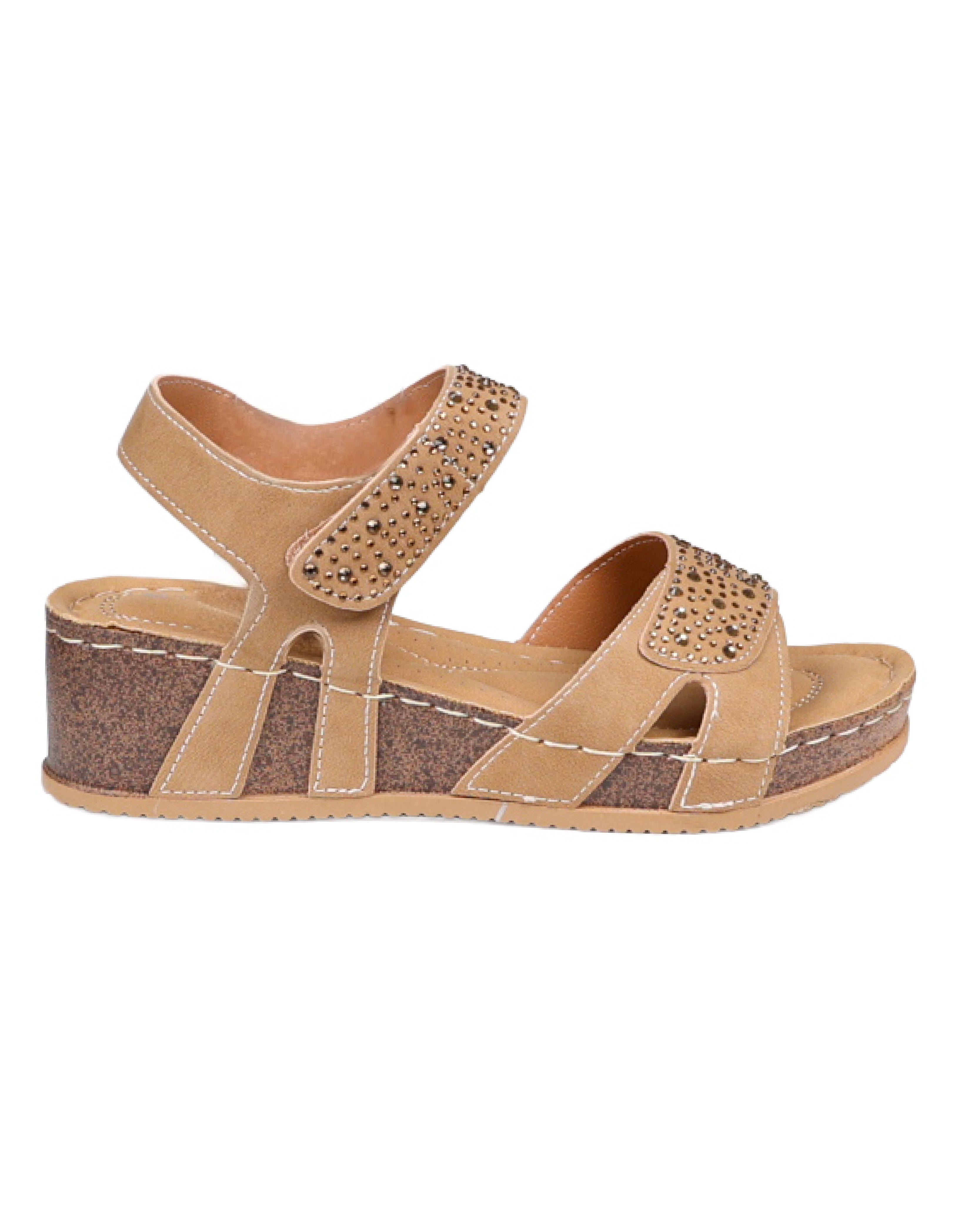 Camel Diamante Embellished Wedge Sandals