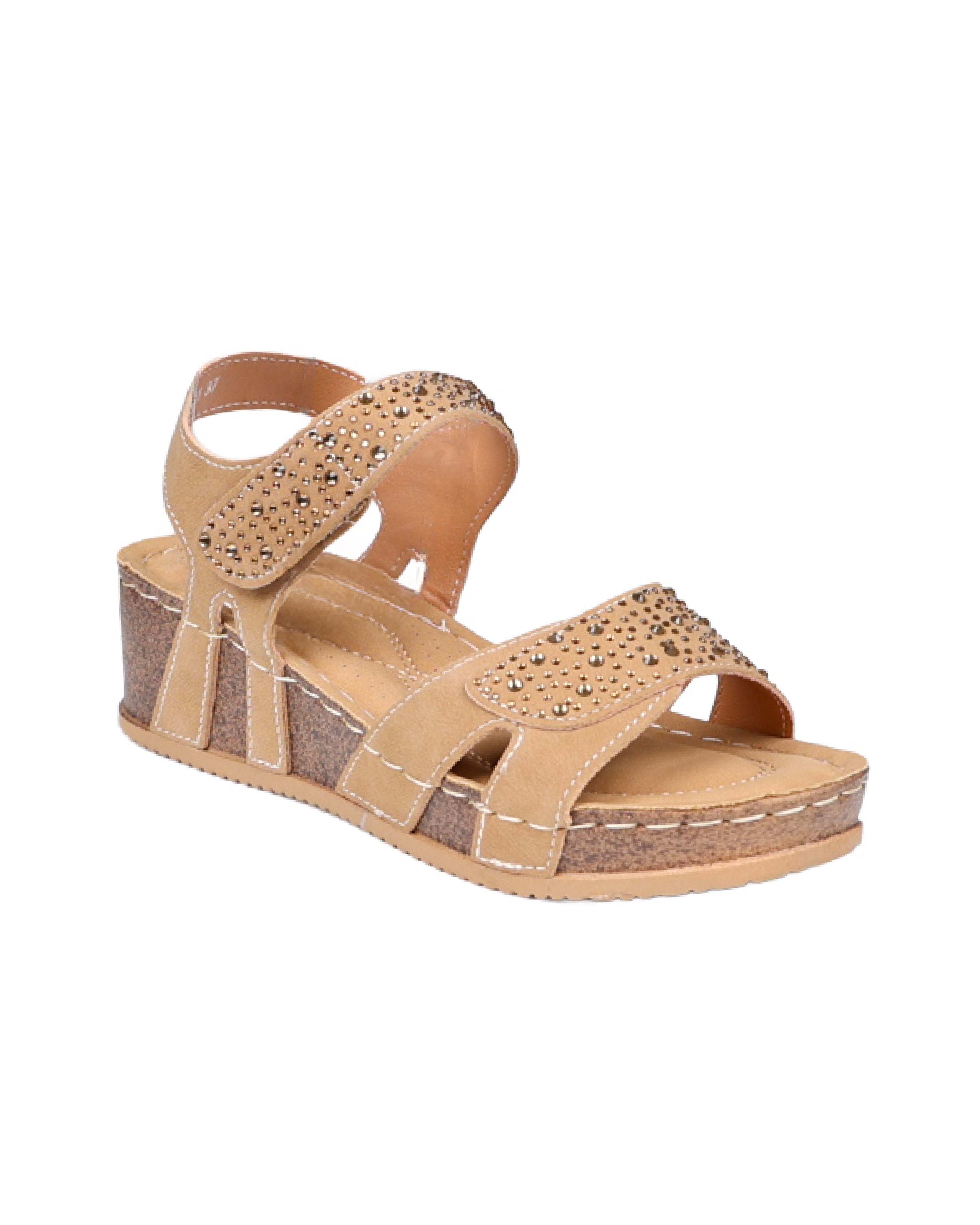Camel Diamante Embellished Wedge Sandals