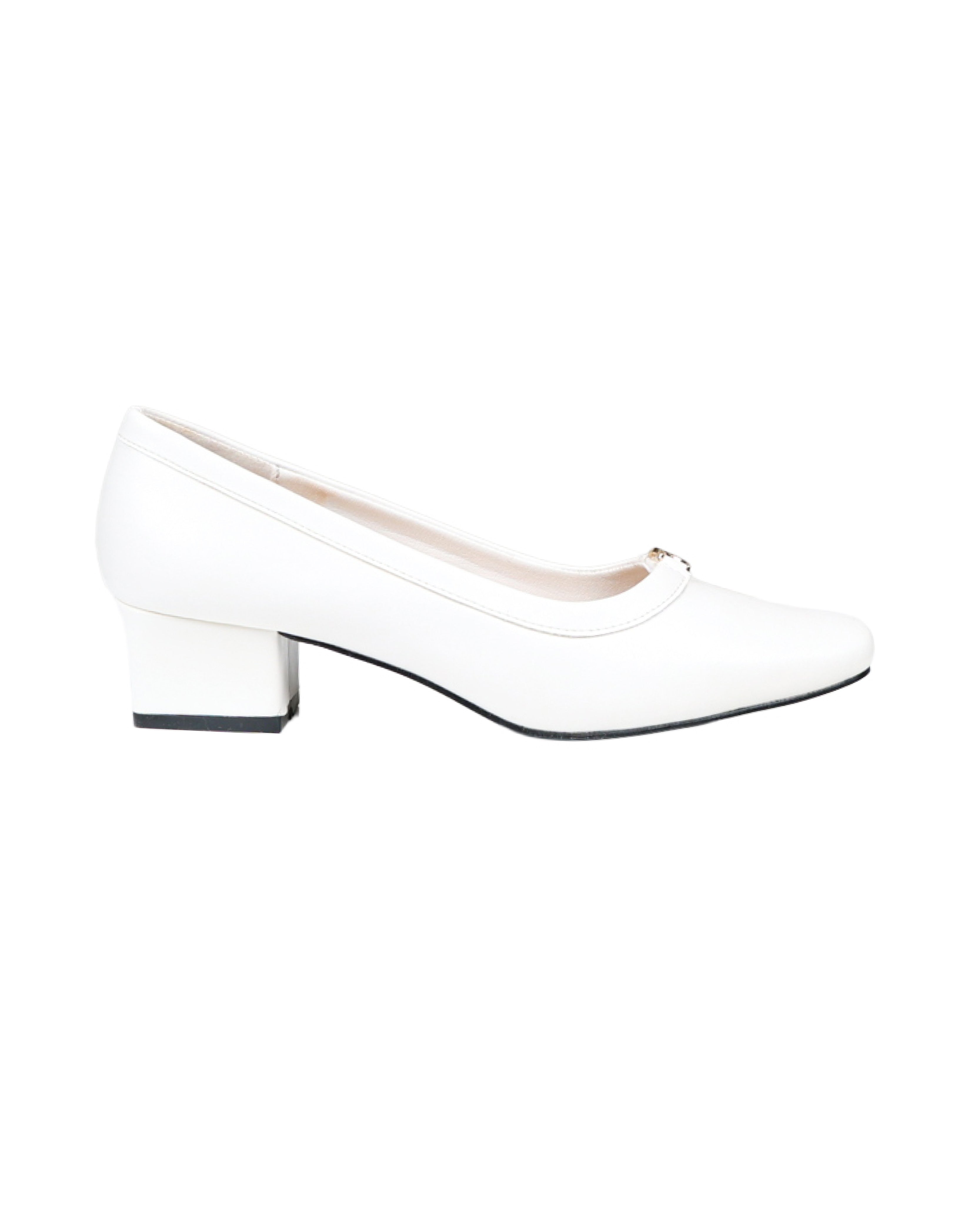 White Embellished Block Heel Court