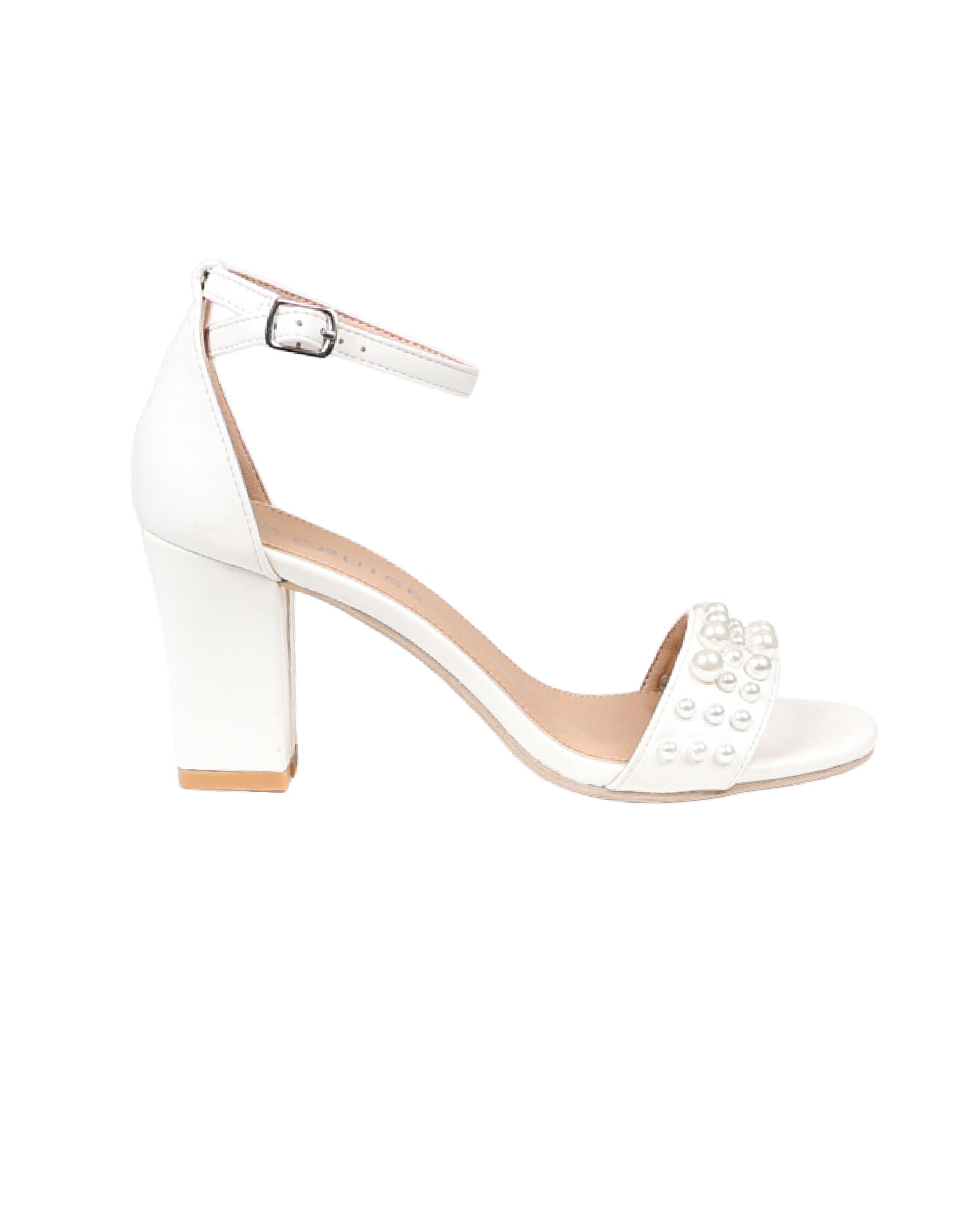 White Pearl Detail Ankle Strap Block Heel