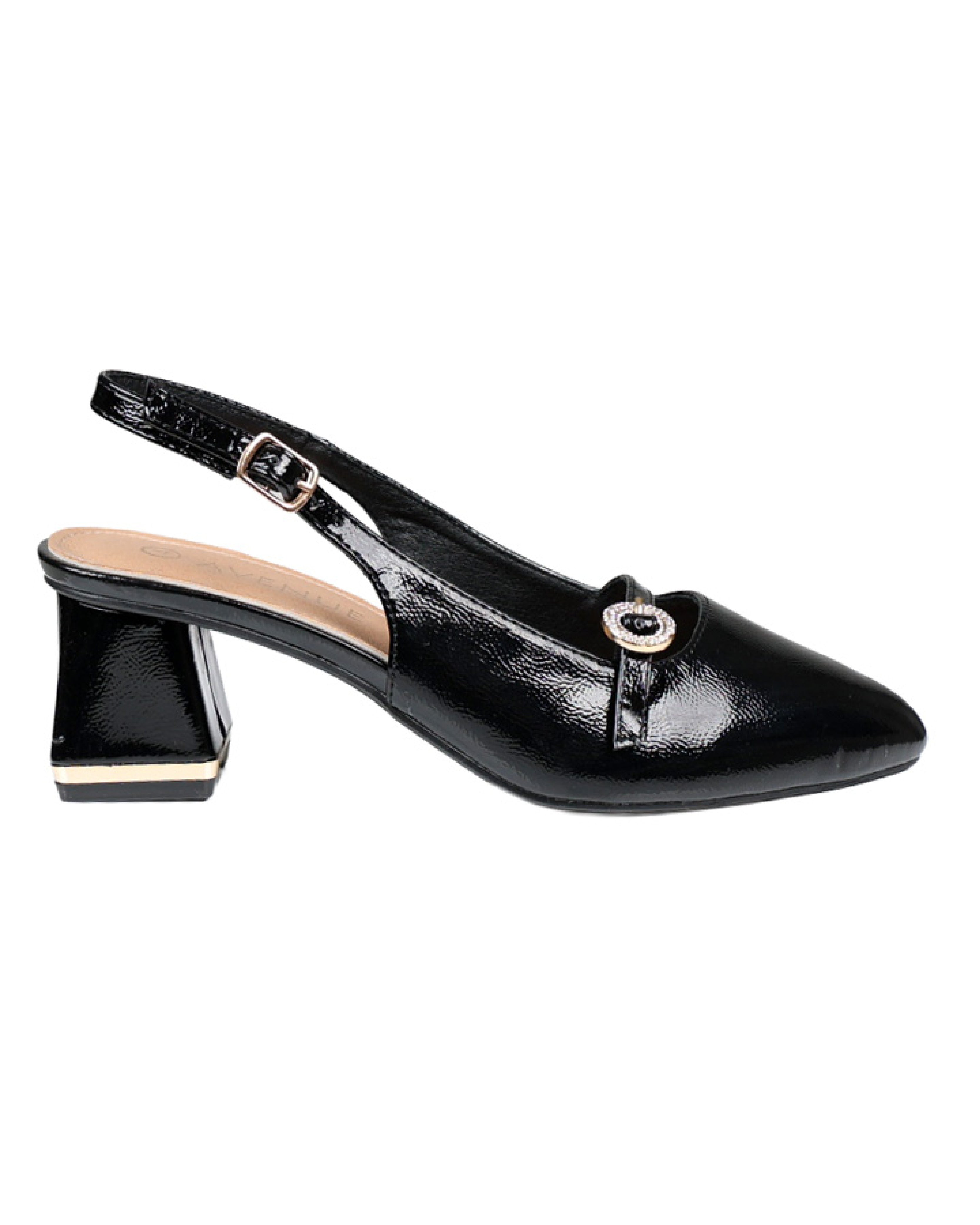 Black Embellished Buckle Detail Slingback Block Heel