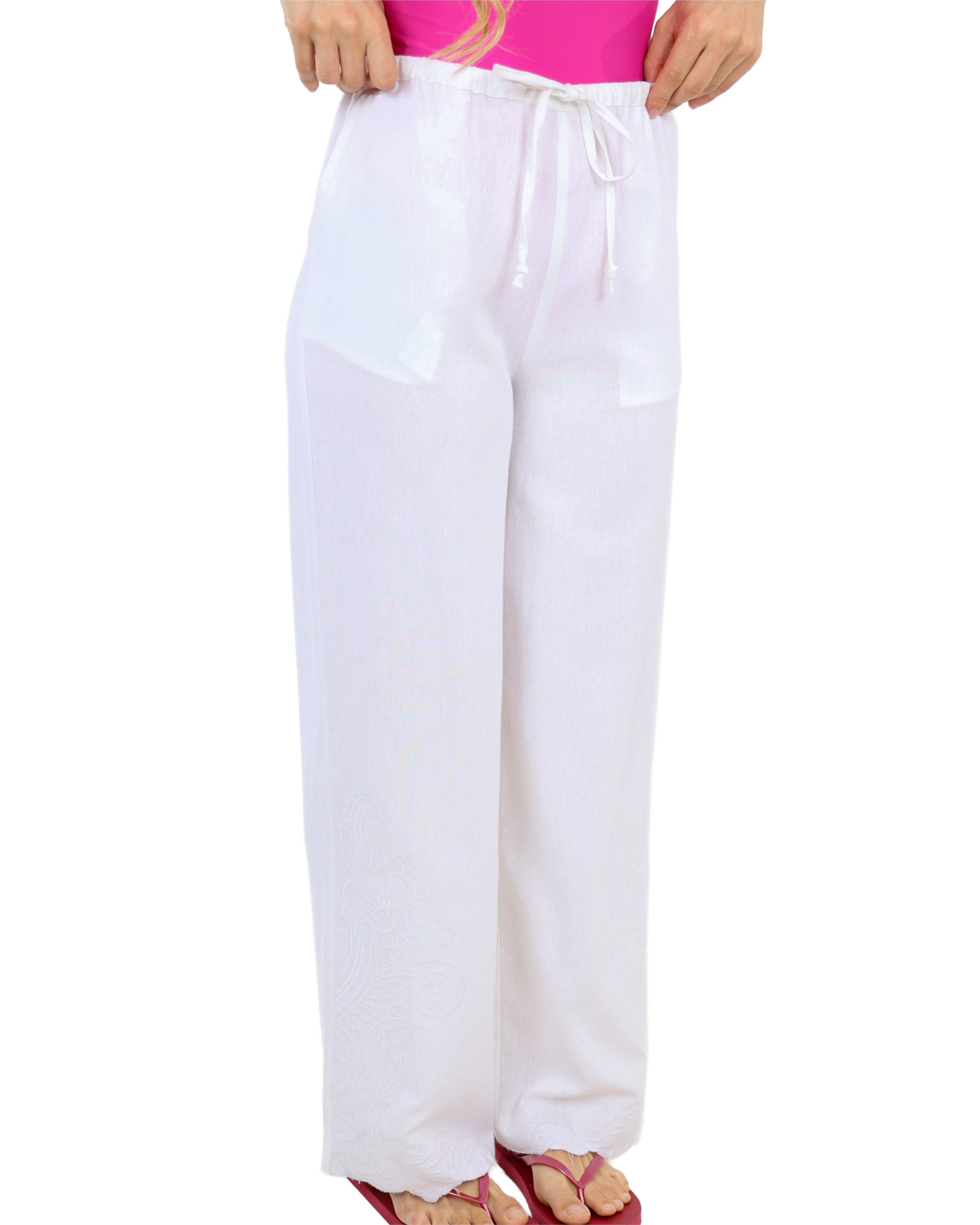 Hem Embroidered White Linen Blend Pants