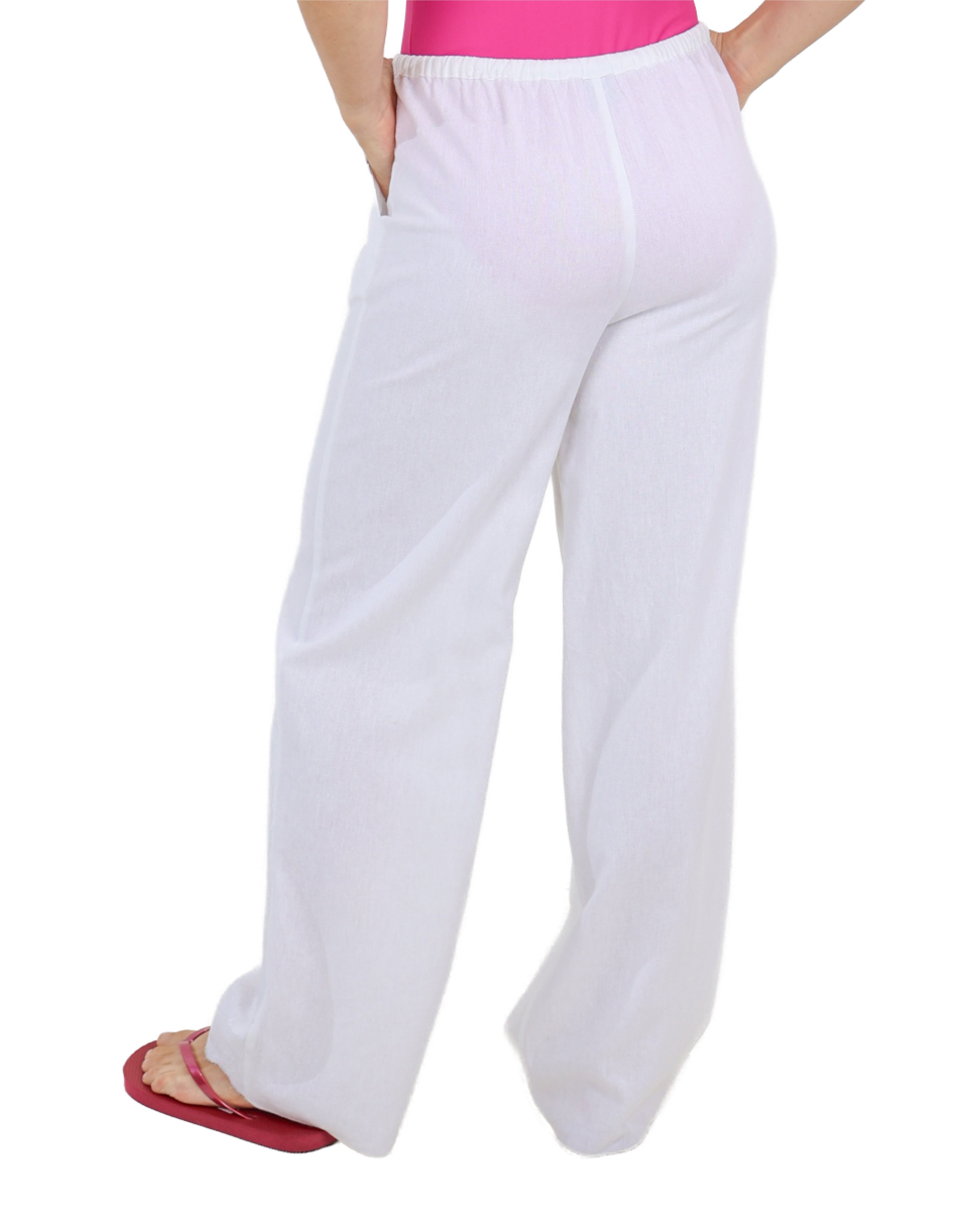 Hem Embroidered White Linen Blend Pants