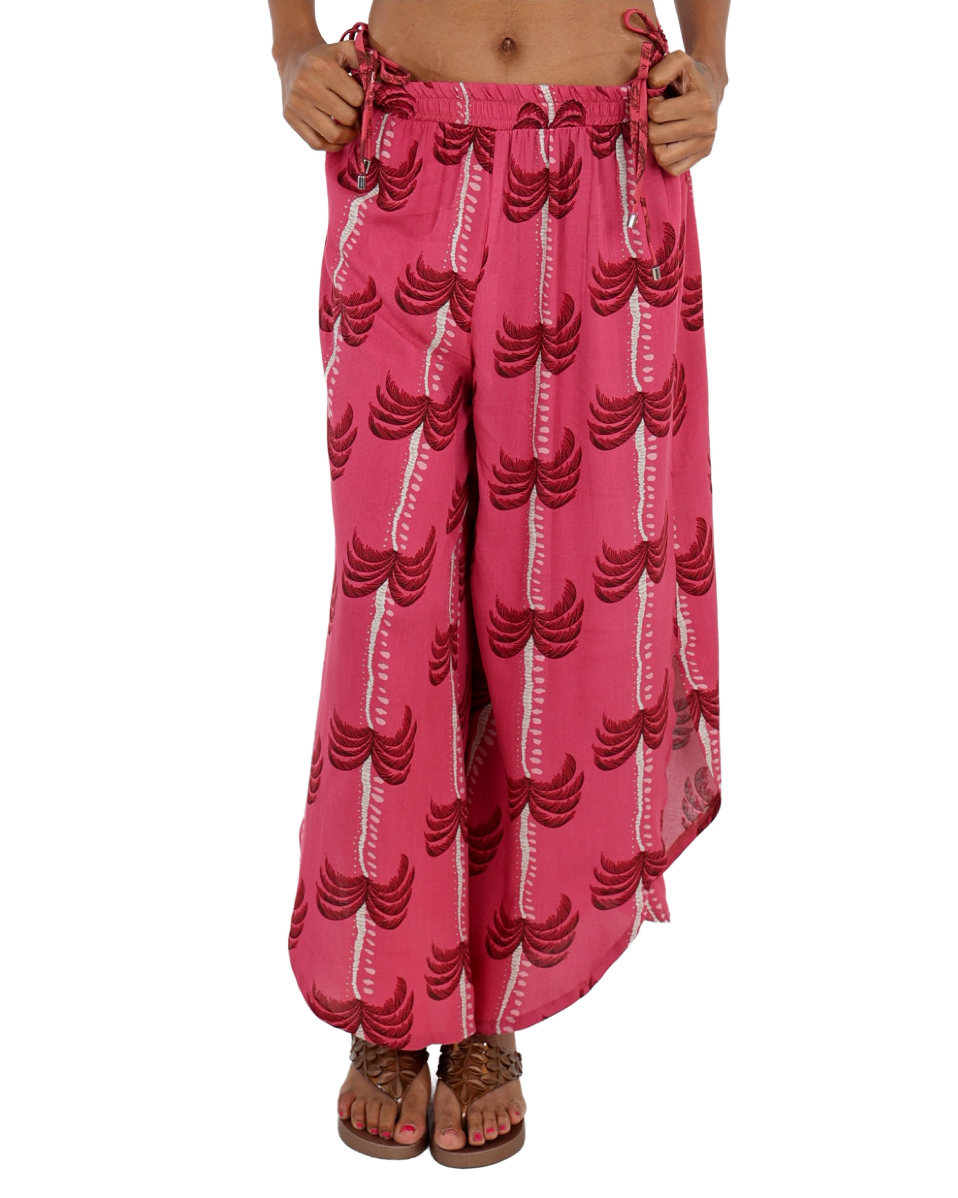 Palm Print Curved Hem Pull Up Pants