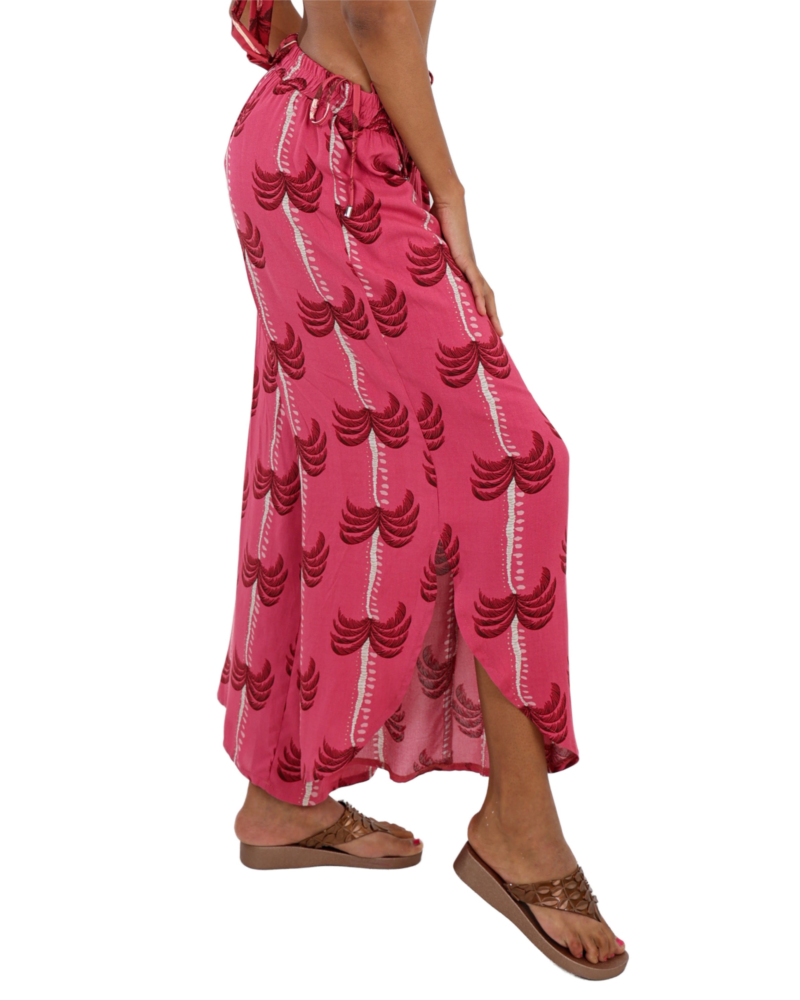 Palm Print Curved Hem Pull Up Pants