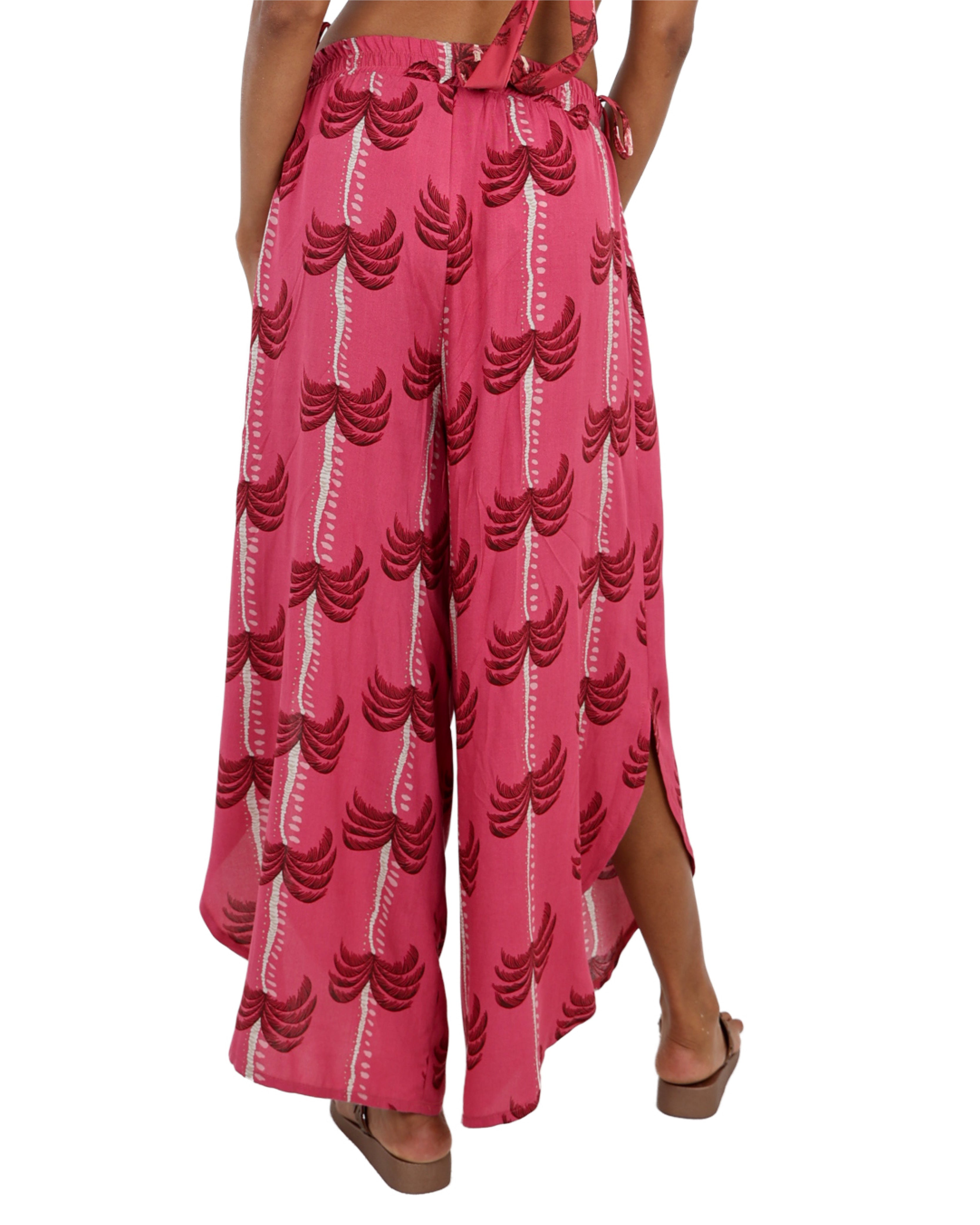 Palm Print Curved Hem Pull Up Pants