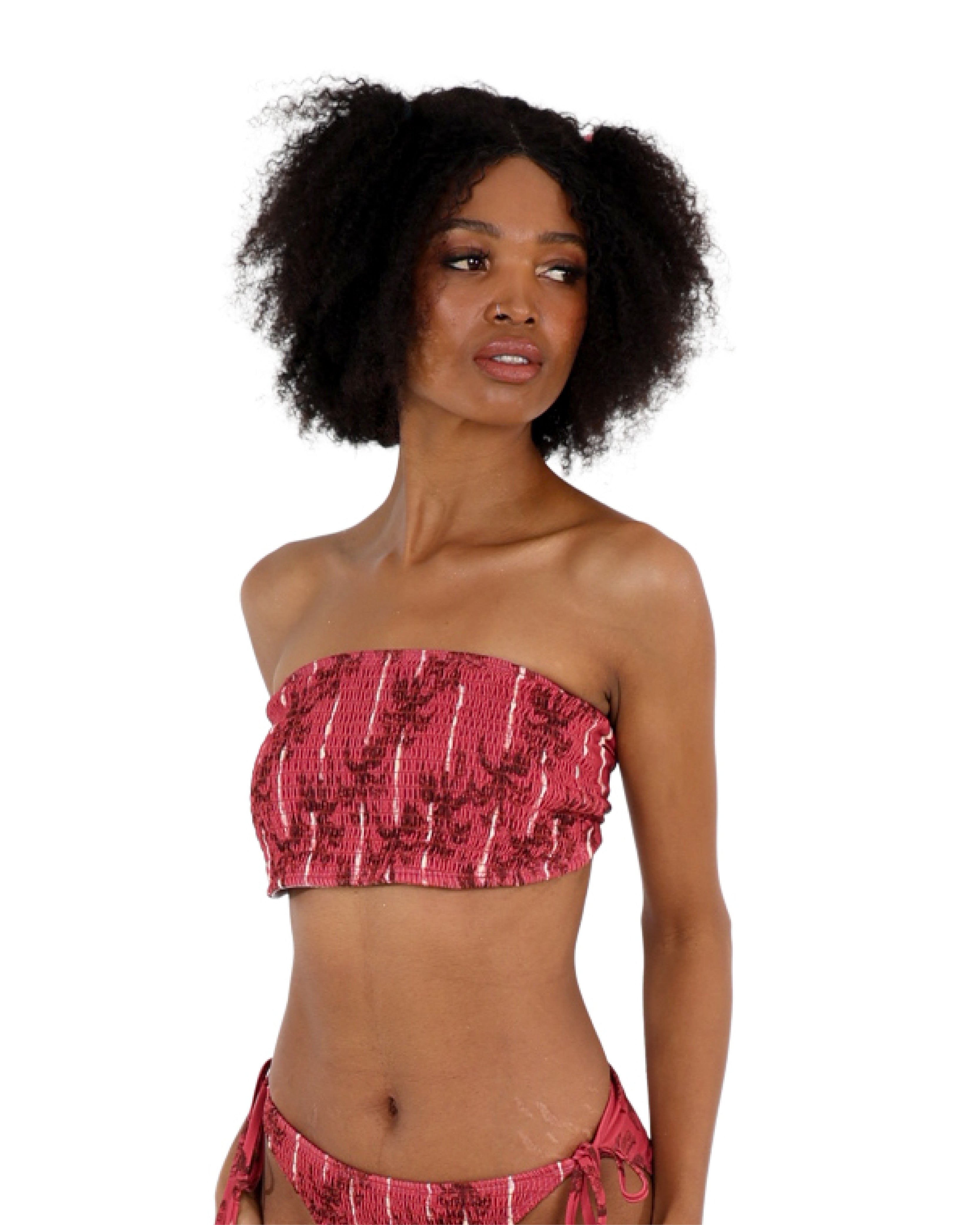 Pink Palm Print Shirred Bandeau Bikini Top