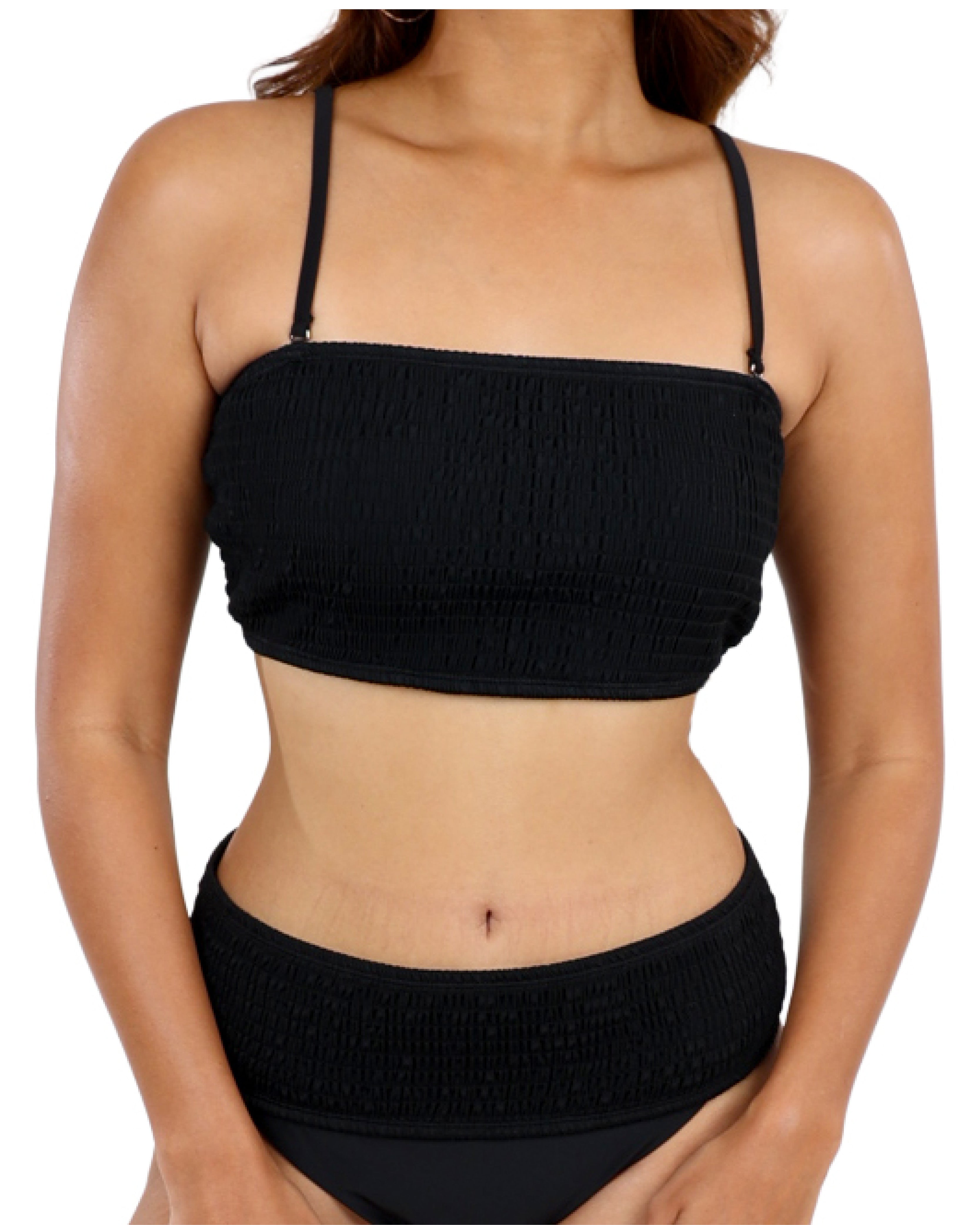 Shirred Black Strappy Bandeaux Bikini Top