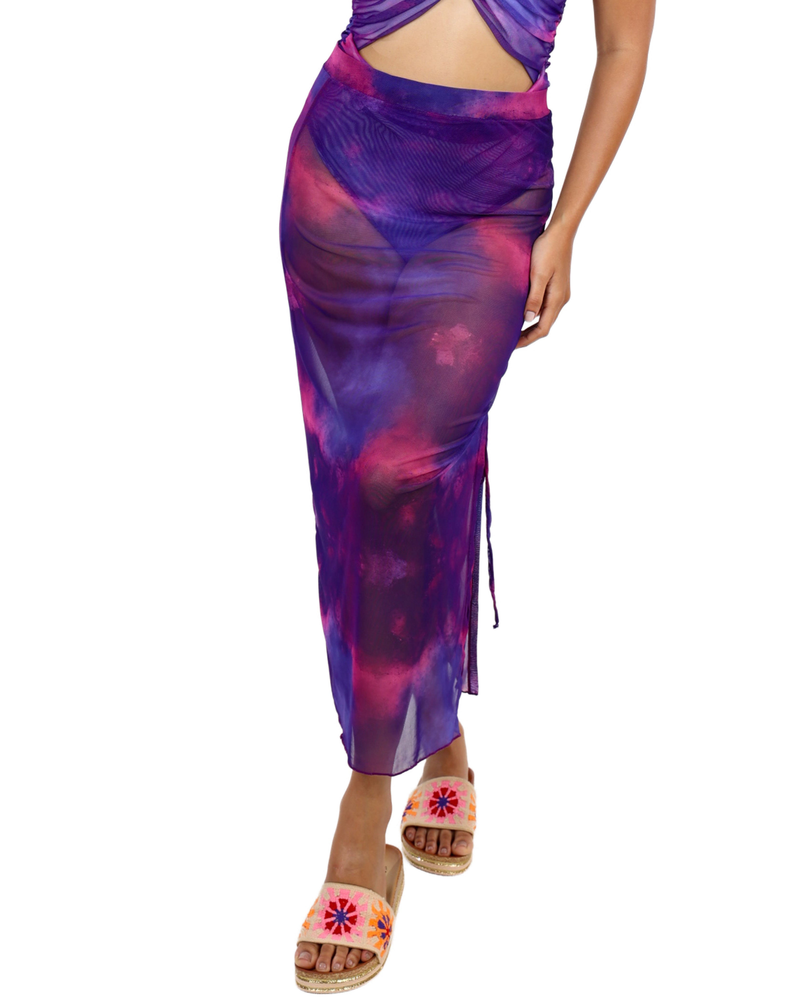Mesh Ruched Tie Dye Skirt