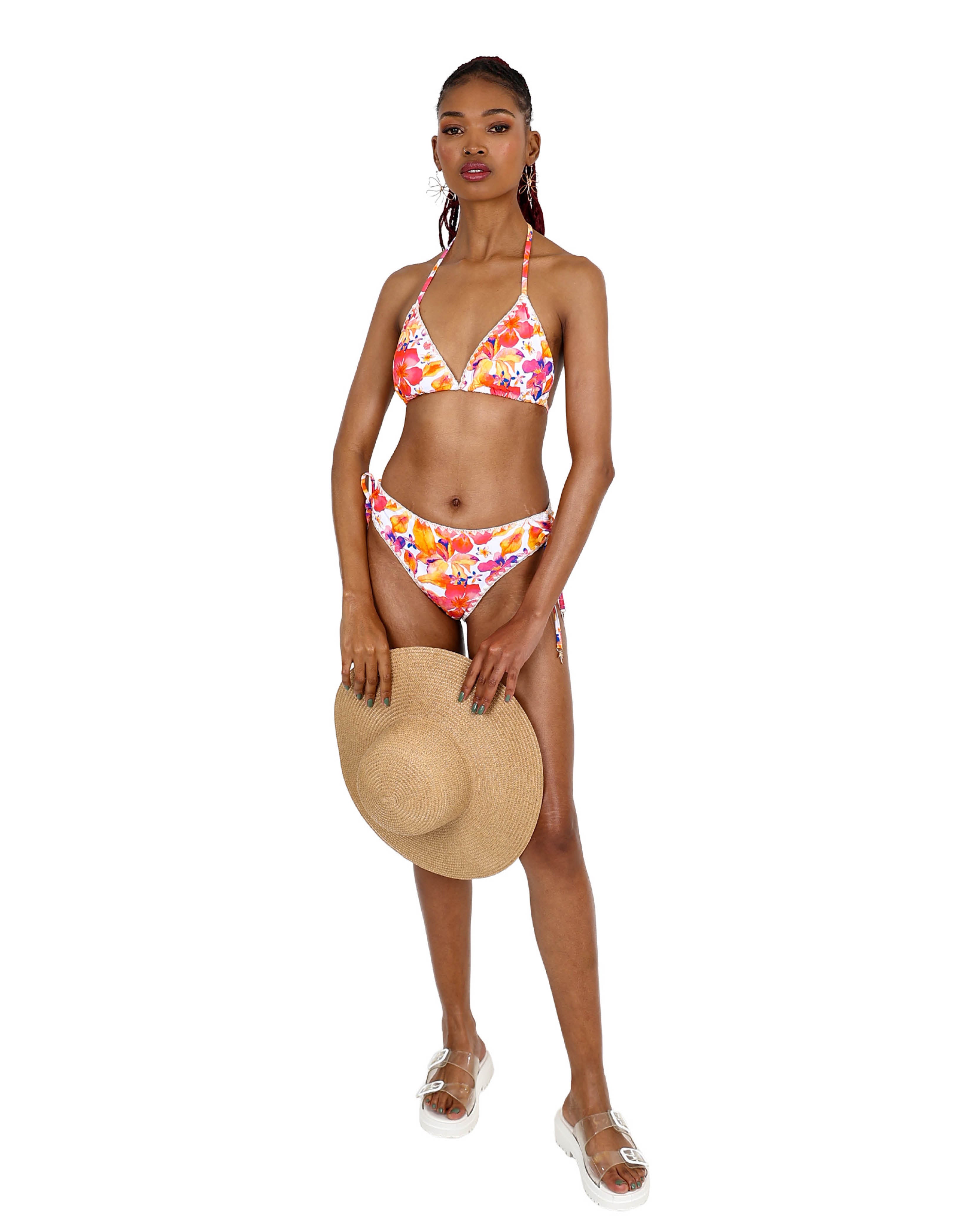 Pink Floral Print Crochet Trim Bikini Top
