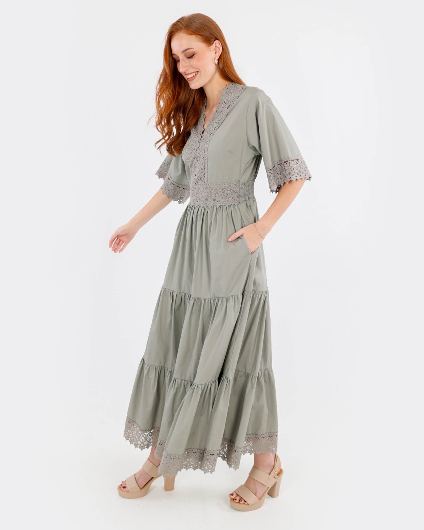 Lace Trim Tiered Cotton Maxi Dress
