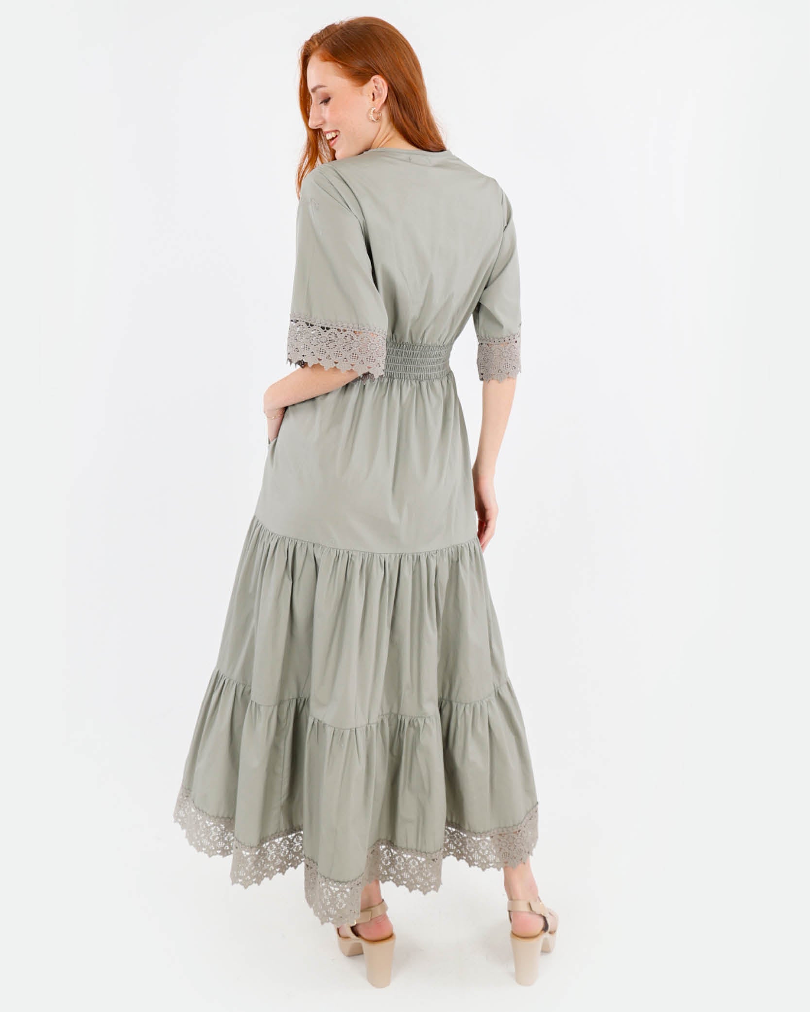 Lace Trim Tiered Cotton Maxi Dress