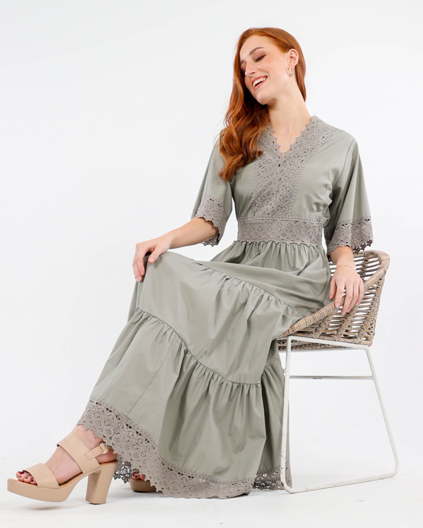 Lace Trim Tiered Cotton Maxi Dress
