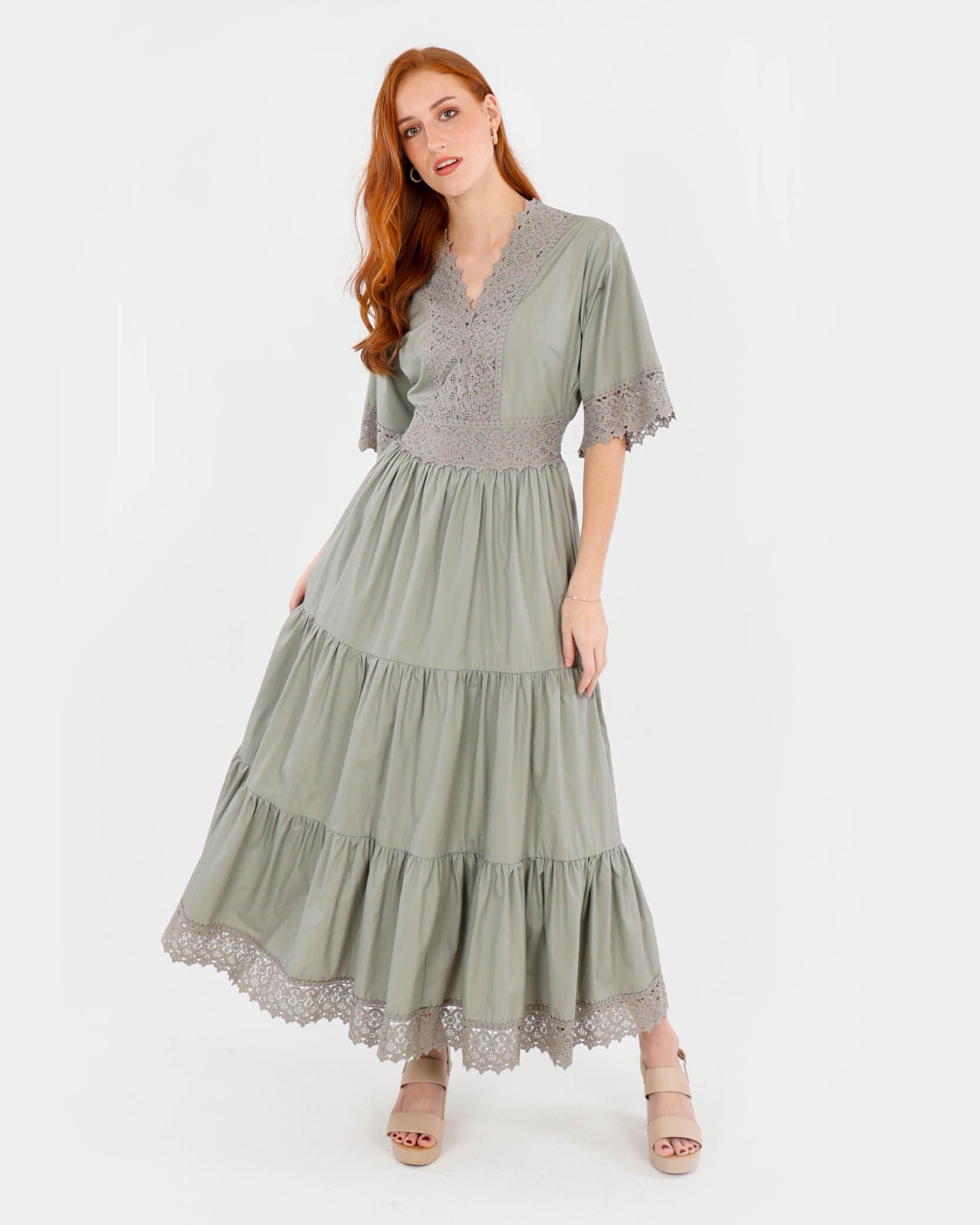 Lace Trim Tiered Cotton Maxi Dress