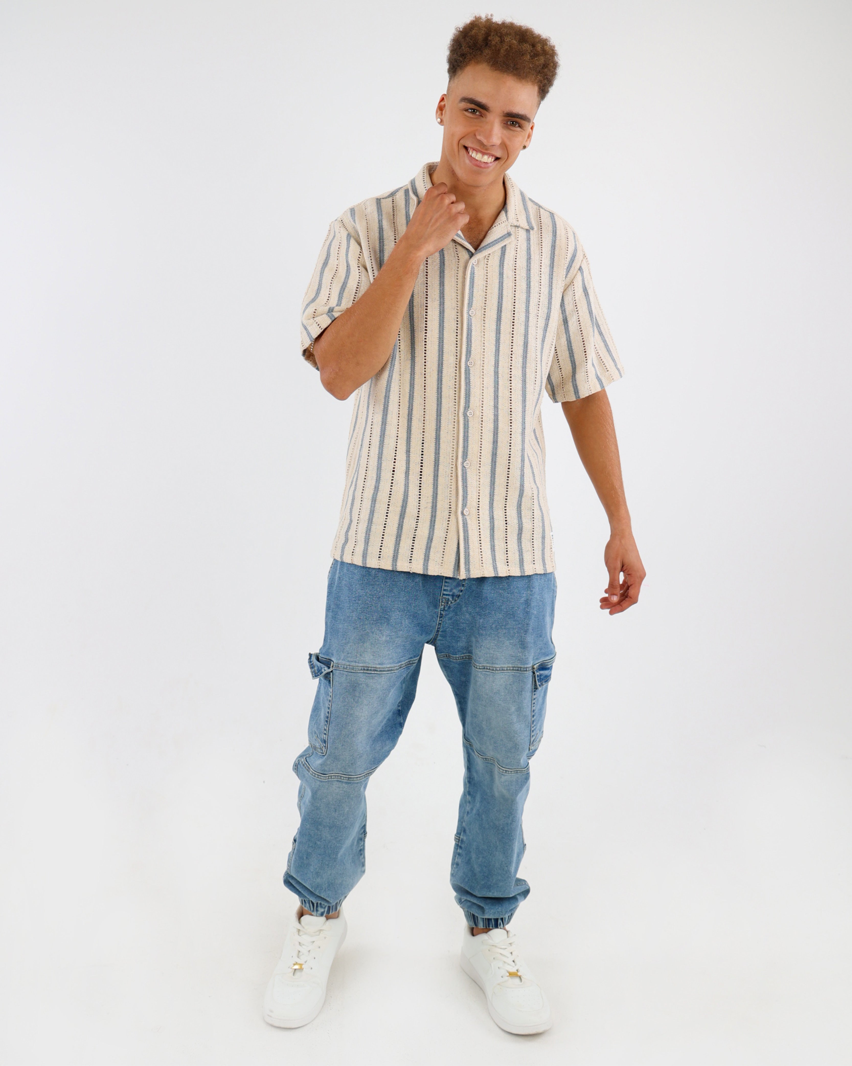 Short Sleeve Striped Crochet Shirt