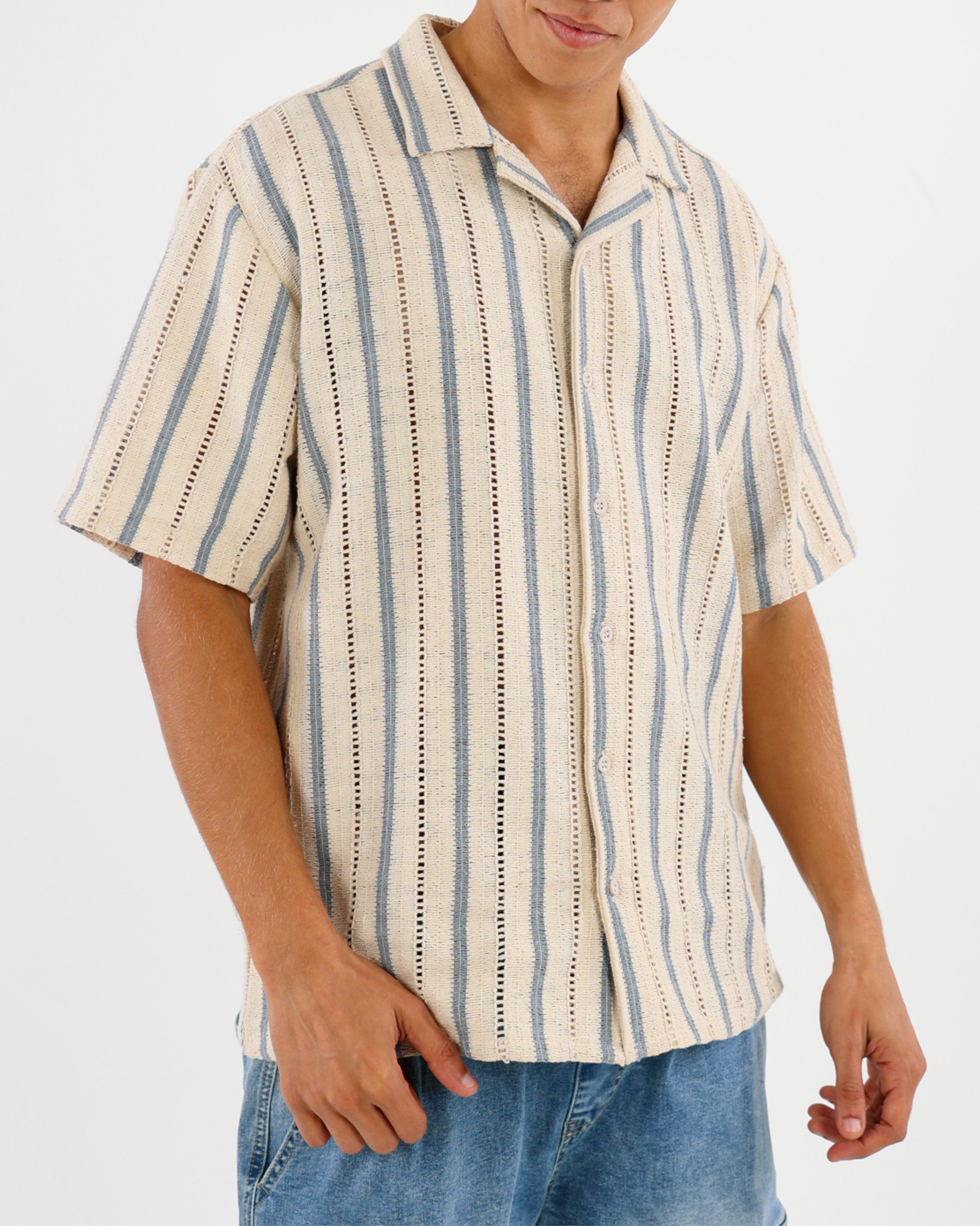 Short Sleeve Striped Crochet Shirt