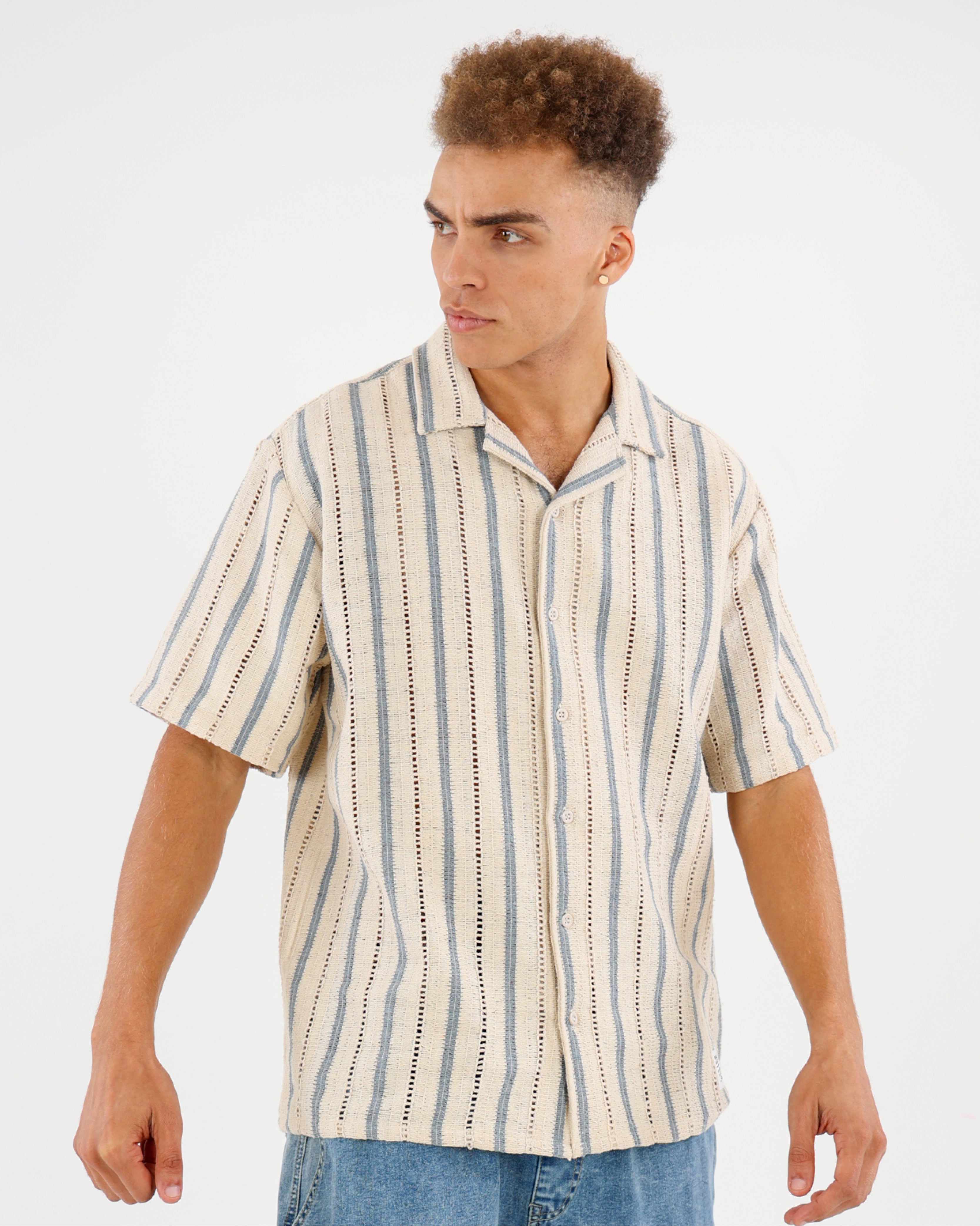 Short Sleeve Striped Crochet Shirt