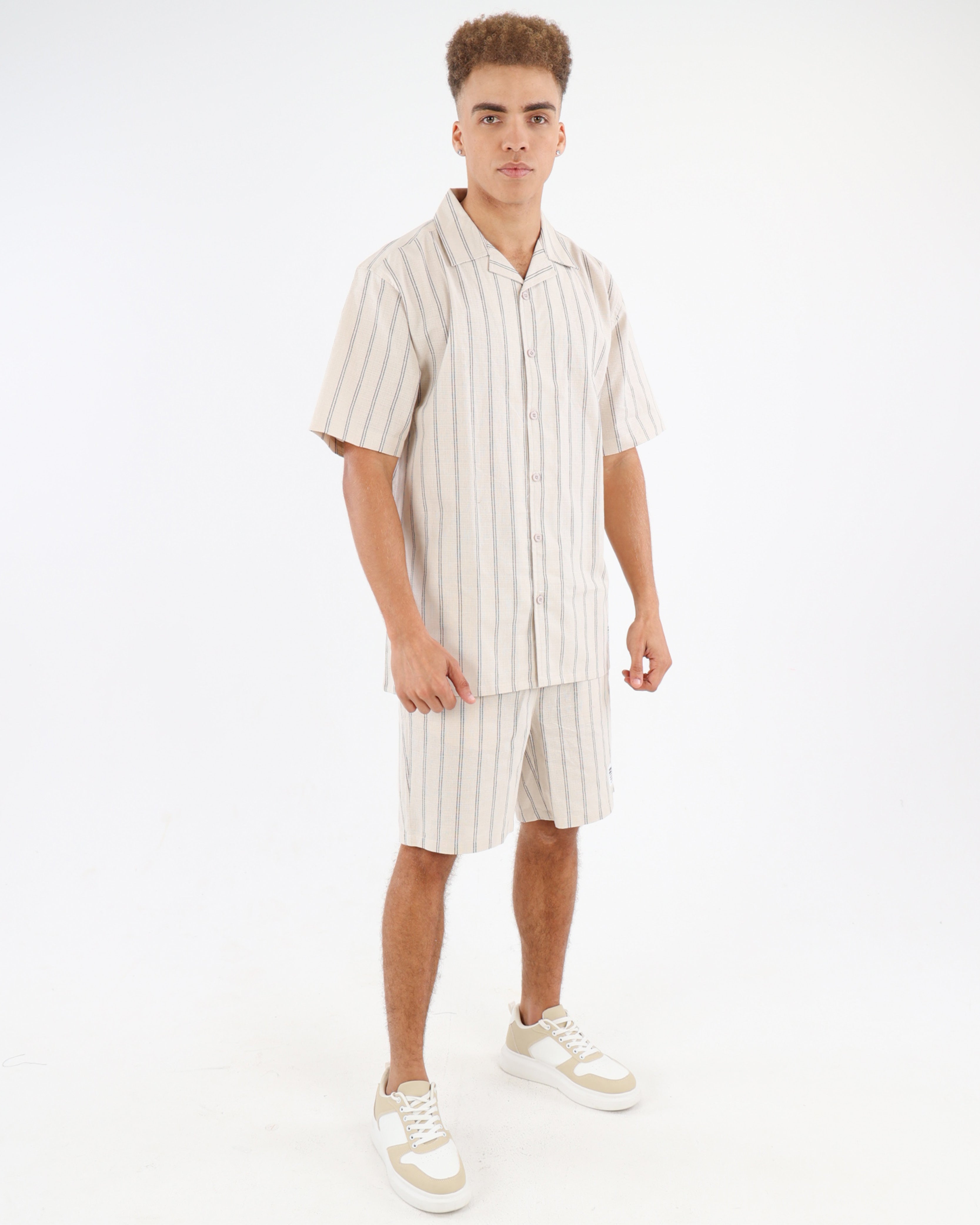 Short Sleeve Woven Stripe Button Up Shirt