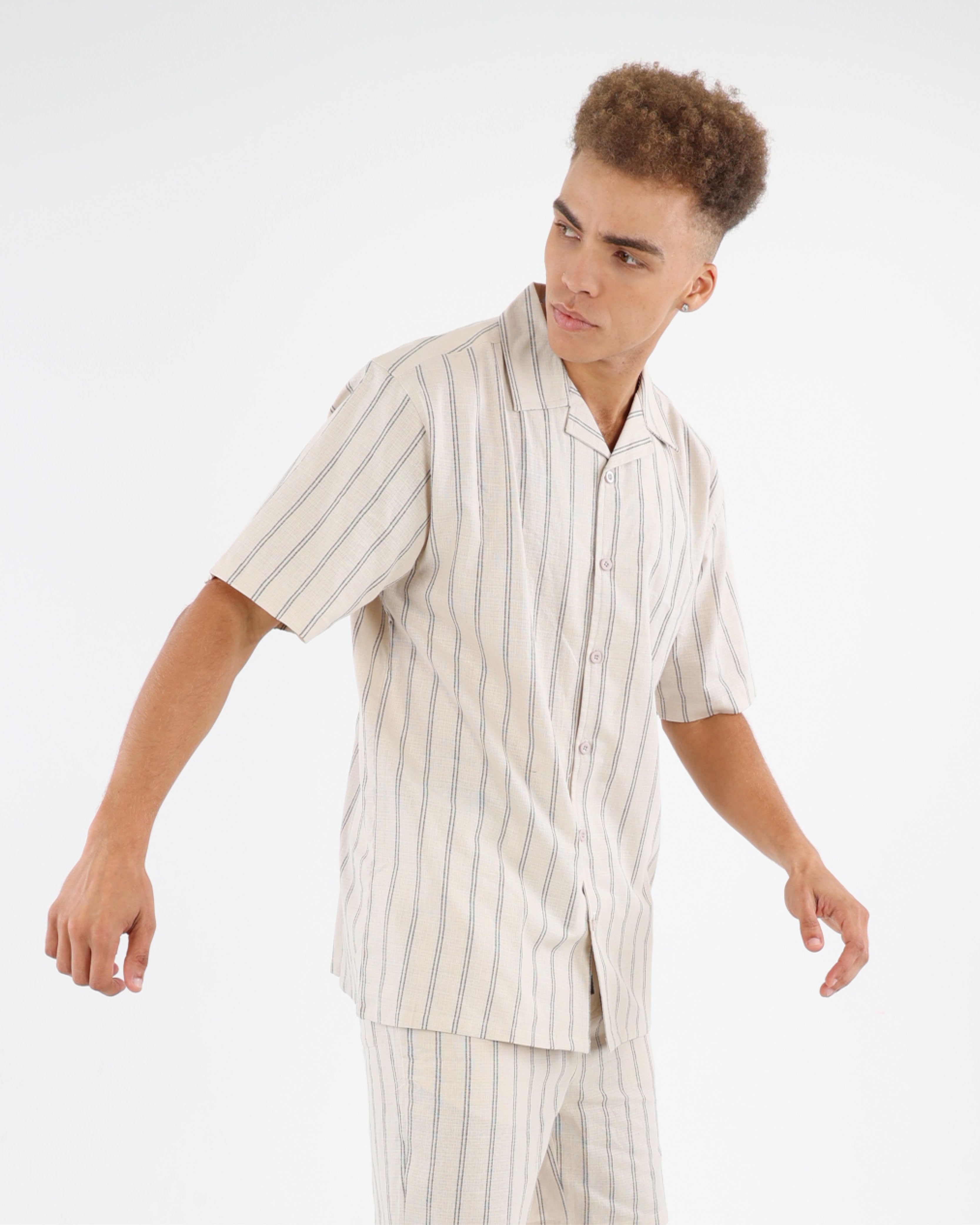 Short Sleeve Woven Stripe Button Up Shirt