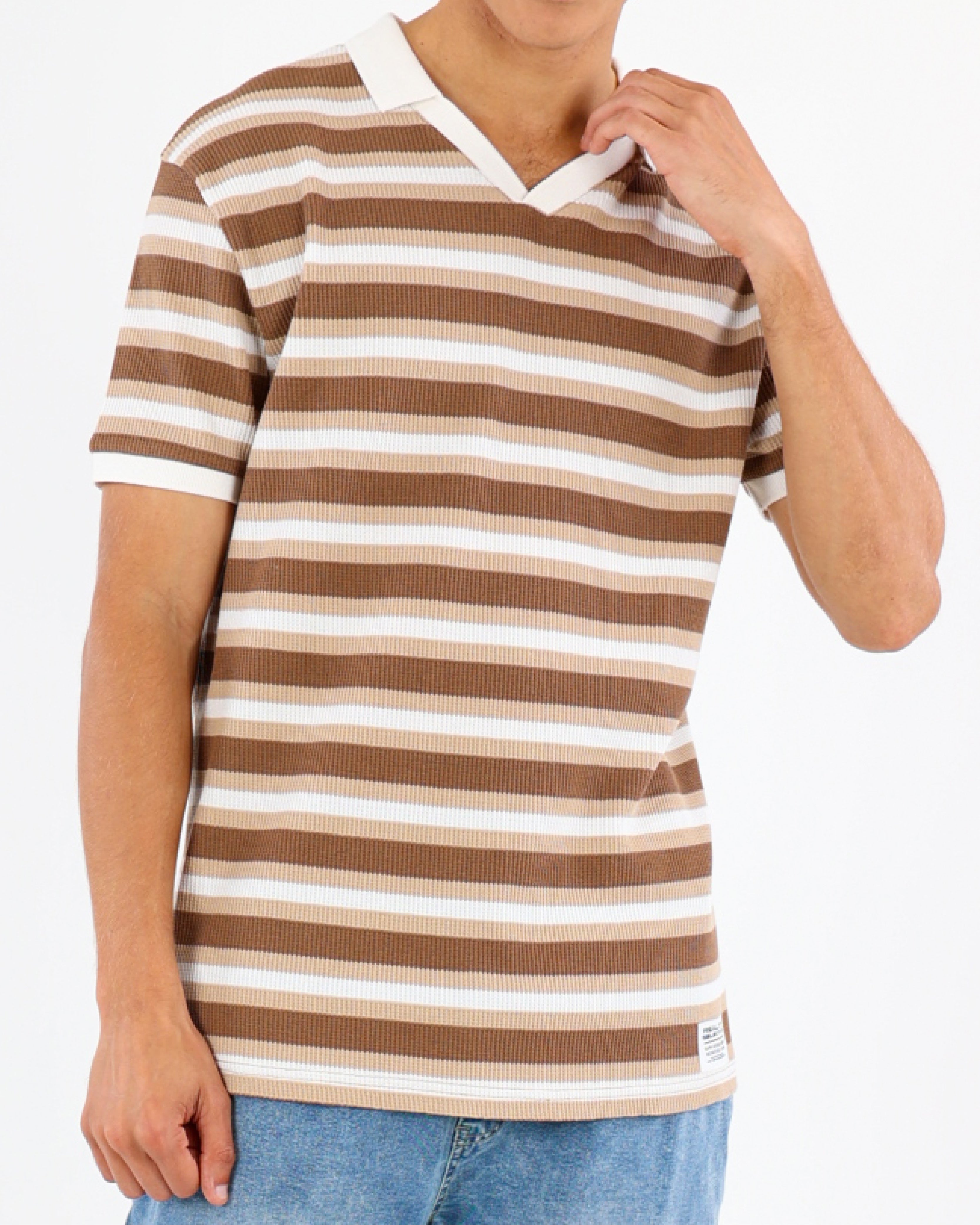 Waffle Textured Short Sleeve Striped Golfer